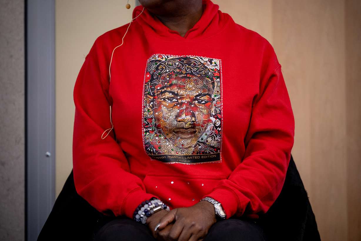 Sybrina Fulton, the mother of Trayvon Martin, who was killed in Florida 13 years ago, spoke at Weber State University on Wednesday. Her hoodie features the likeness of her son.