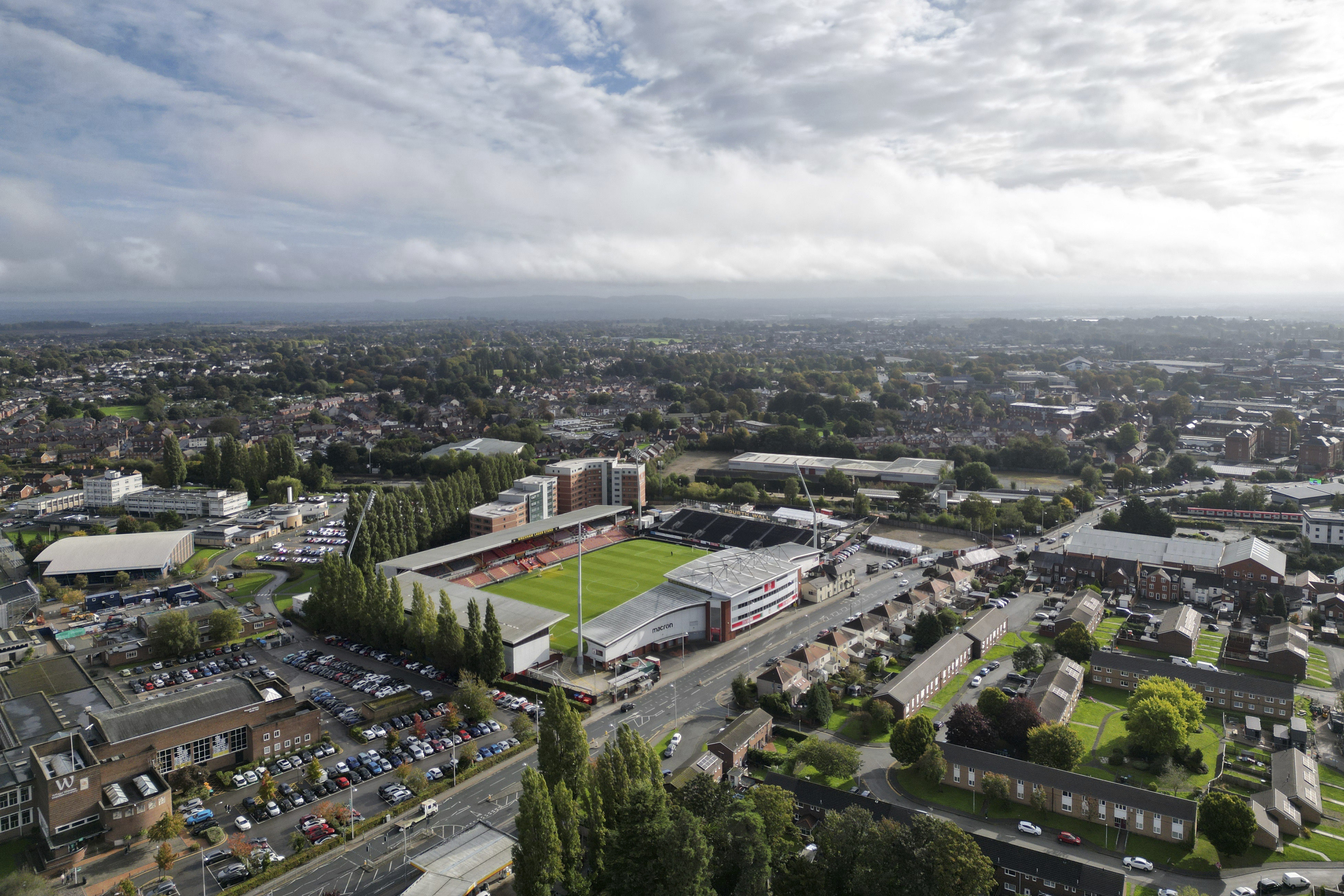 FILE -An aerial picture shows Wrexham Football Club's Racecourse Ground in Wrexham, Wales, Monday, Oct. 7, 2024. 