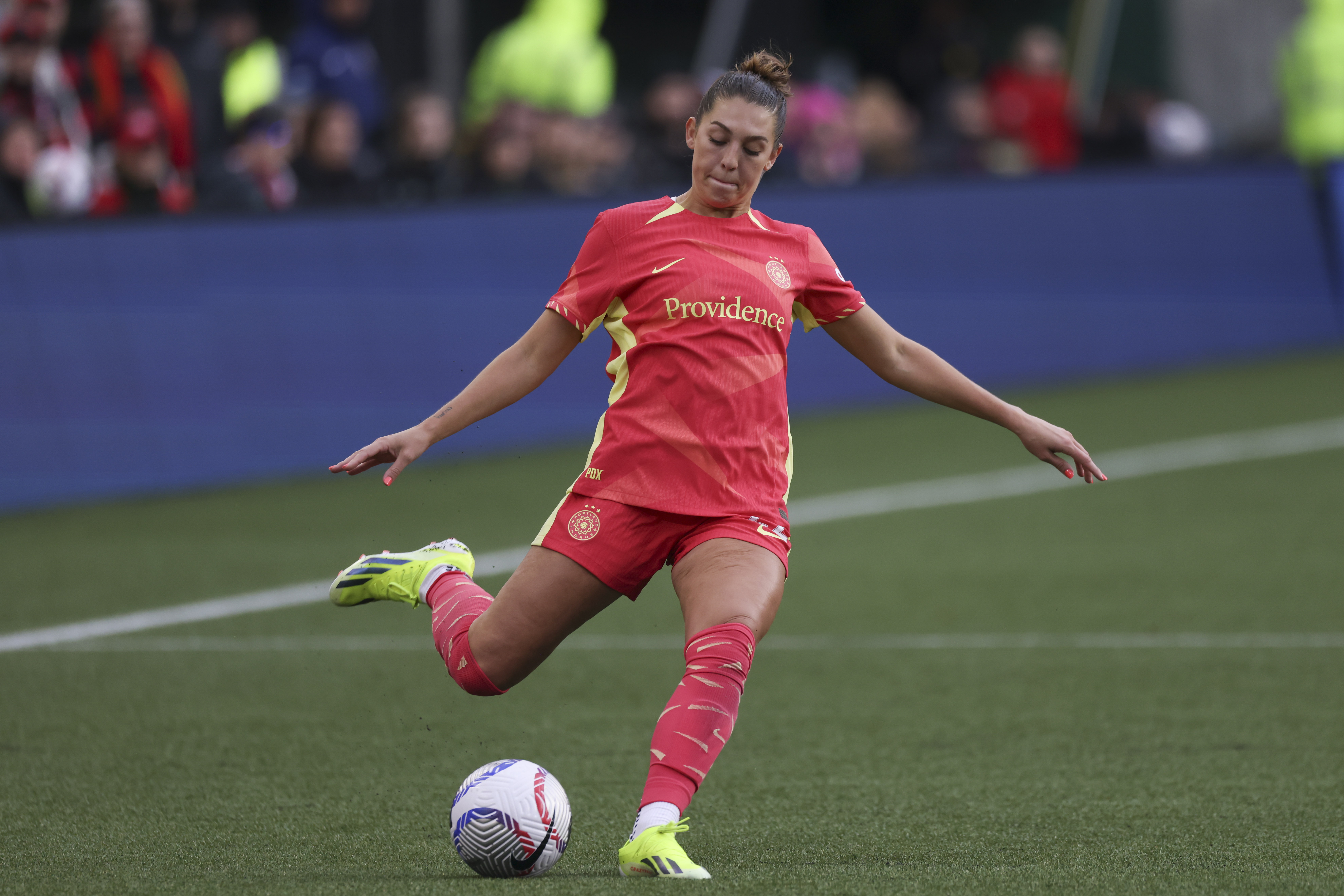 FILE - Portland Thorns FC forward Morgan Weaver (22) controls the ball during an NWSL soccer match against NJ/NY Gotham FC, March 24, 2024, in Portland, Ore. 