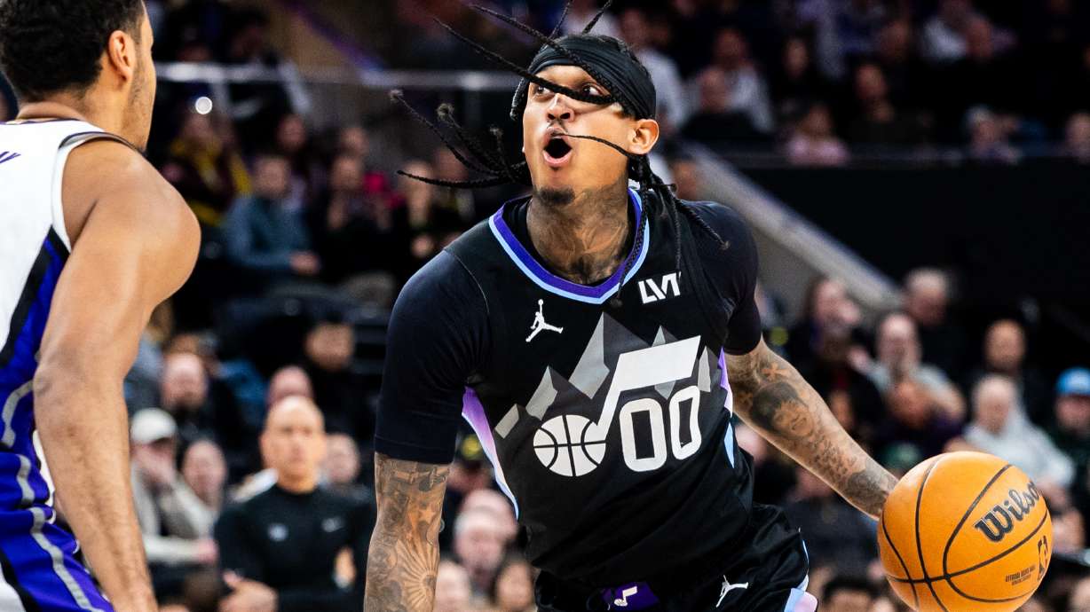 Utah Jazz guard Jordan Clarkson (00) drives the ball during an NBA game against the Sacramento Kings held at the Delta Center in Salt Lake City on Wednesday, Feb. 26, 2025.