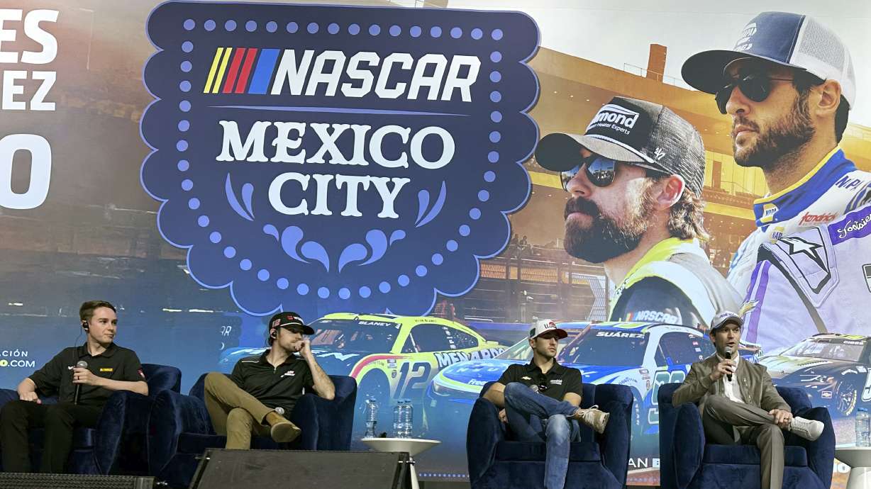 NASCAR drivers, from left, Christopher Bell, Ryan Blaney, Chase Elliott and Daniel Suarez promote the June auto race, Wednesday Feb. 26, 2025, in Mexico City.