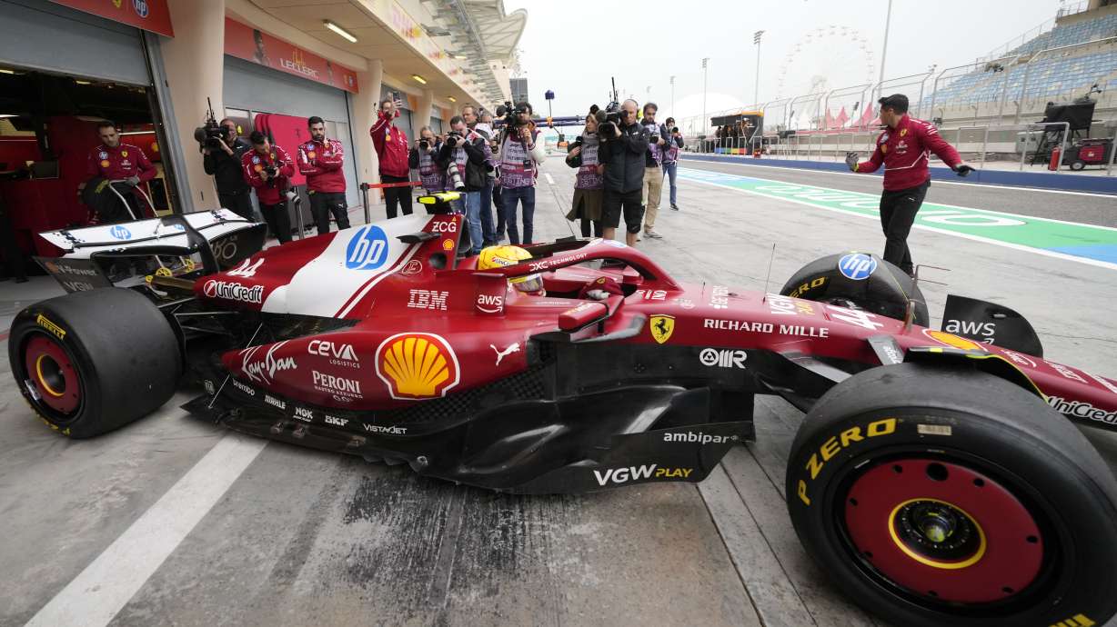 Ferrari driver Lewis Hamilton of Britain leaves the pit lane during a Formula One pre-season test at the Bahrain International Circuit in Sakhir, Bahrain, Thursday, Feb. 27, 2025.