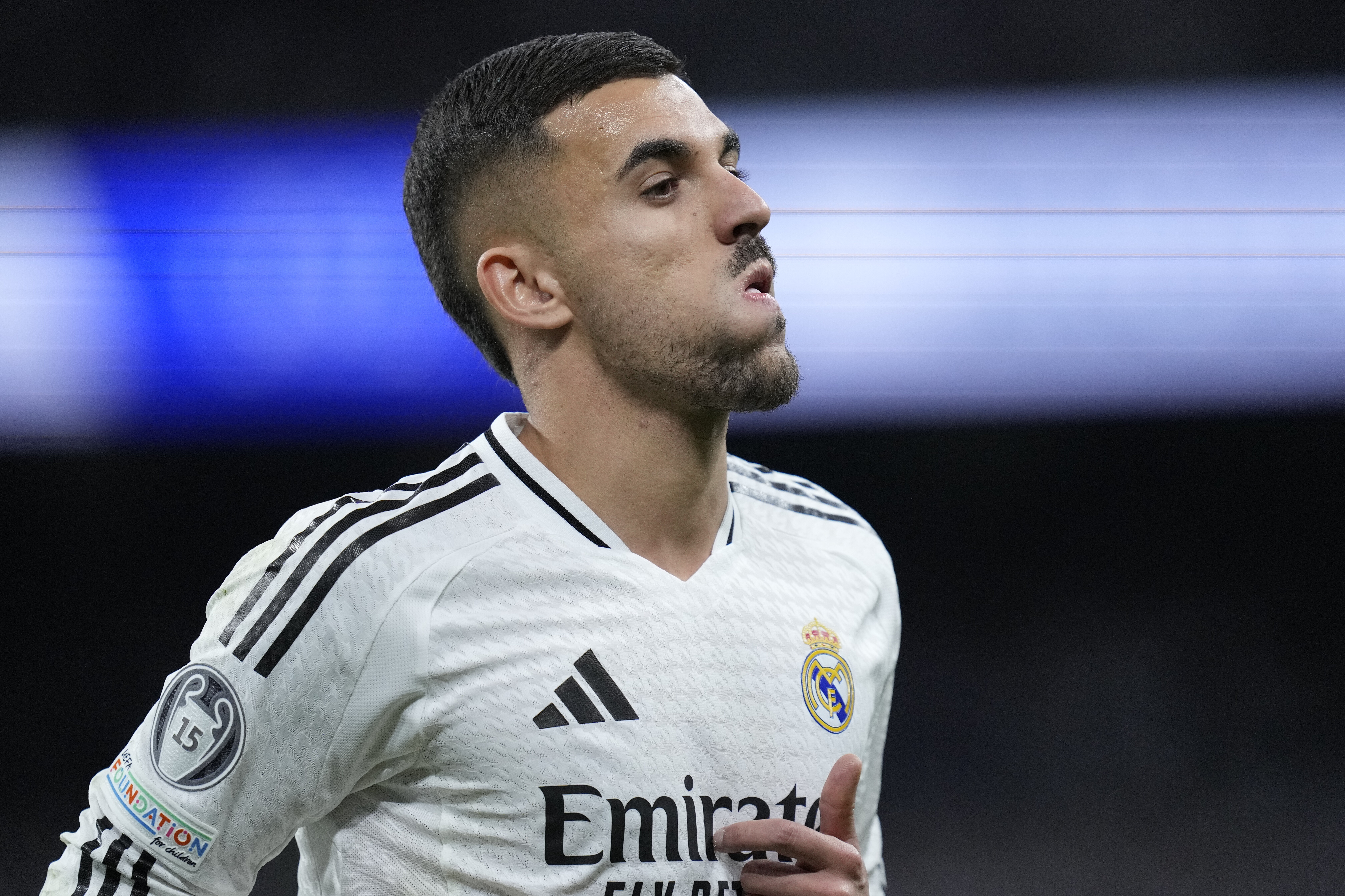 Real Madrid's Dani Ceballos reacts during the Champions League playoff second leg soccer match between Real Madrid and Manchester City at the Santiago Bernabeu Stadium in Madrid, Spain, Wednesday, Feb. 19, 2025.