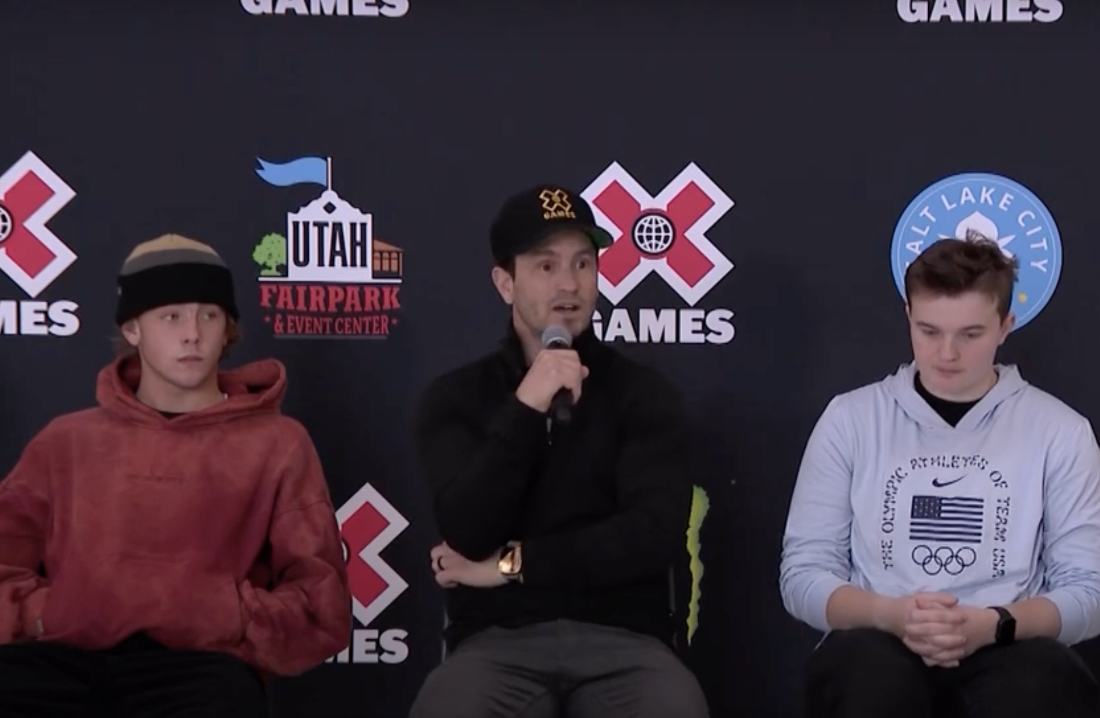 X Games CEO Jeremy Bloom with skateboarder Keegan Palmer and BMX rider Hannah Roberts at an event announcing X Games Salt Lake City on Feb. 13. Palmer and Roberts will compete in June, the organization announced Wednesday.