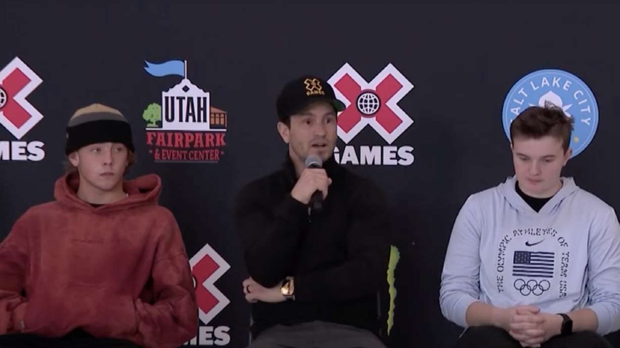 X Games CEO Jeremy Bloom with skateboarder Keegan Palmer and BMX rider Hannah Roberts at an event announcing X Games Salt Lake City on Feb. 13. Palmer and Roberts will compete in June, the organization announced Wednesday.