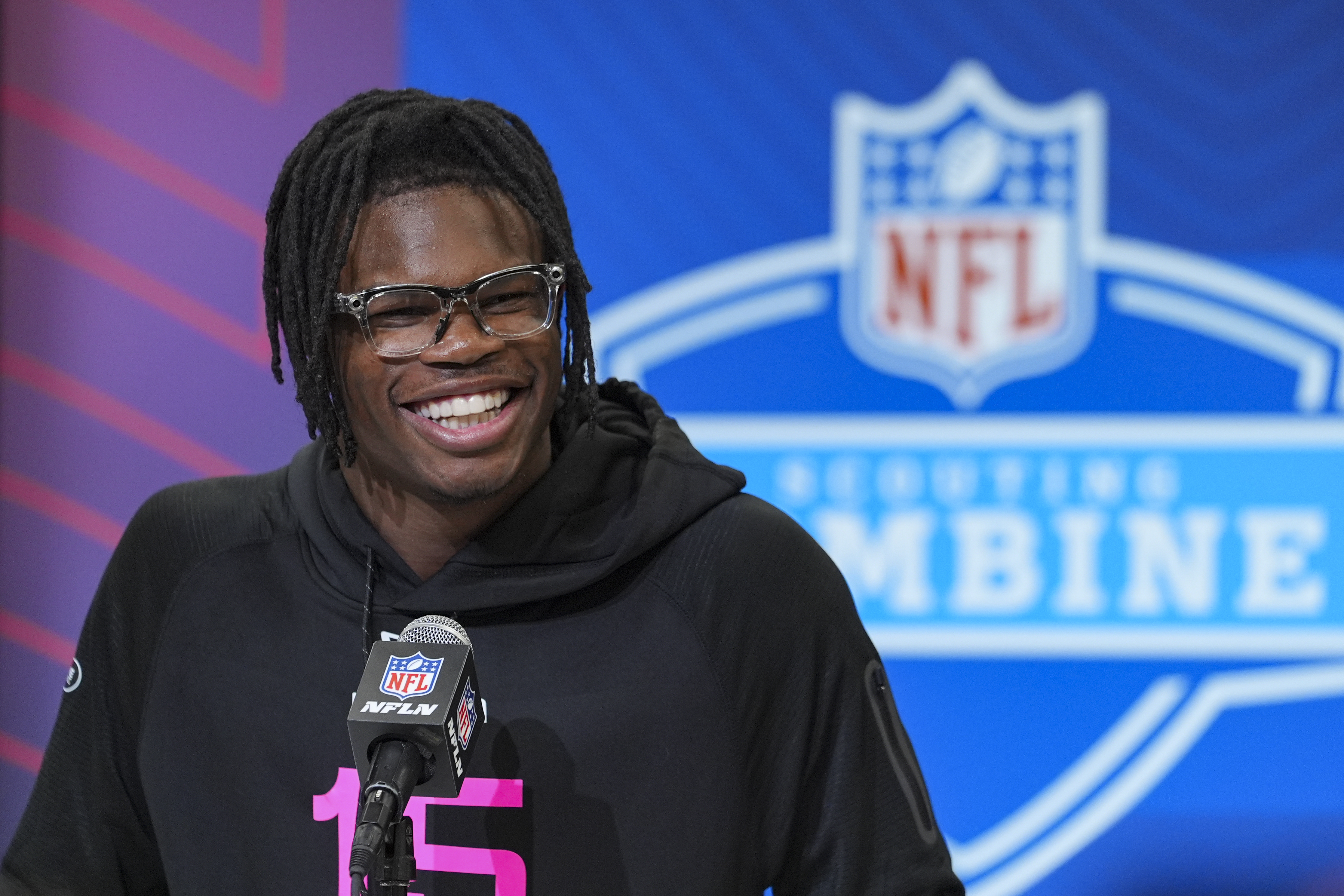 Colorado defensive back Travis Hunter speaks during a press conference at the NFL football scouting combine in Indianapolis, Thursday, Feb. 27, 2025. 