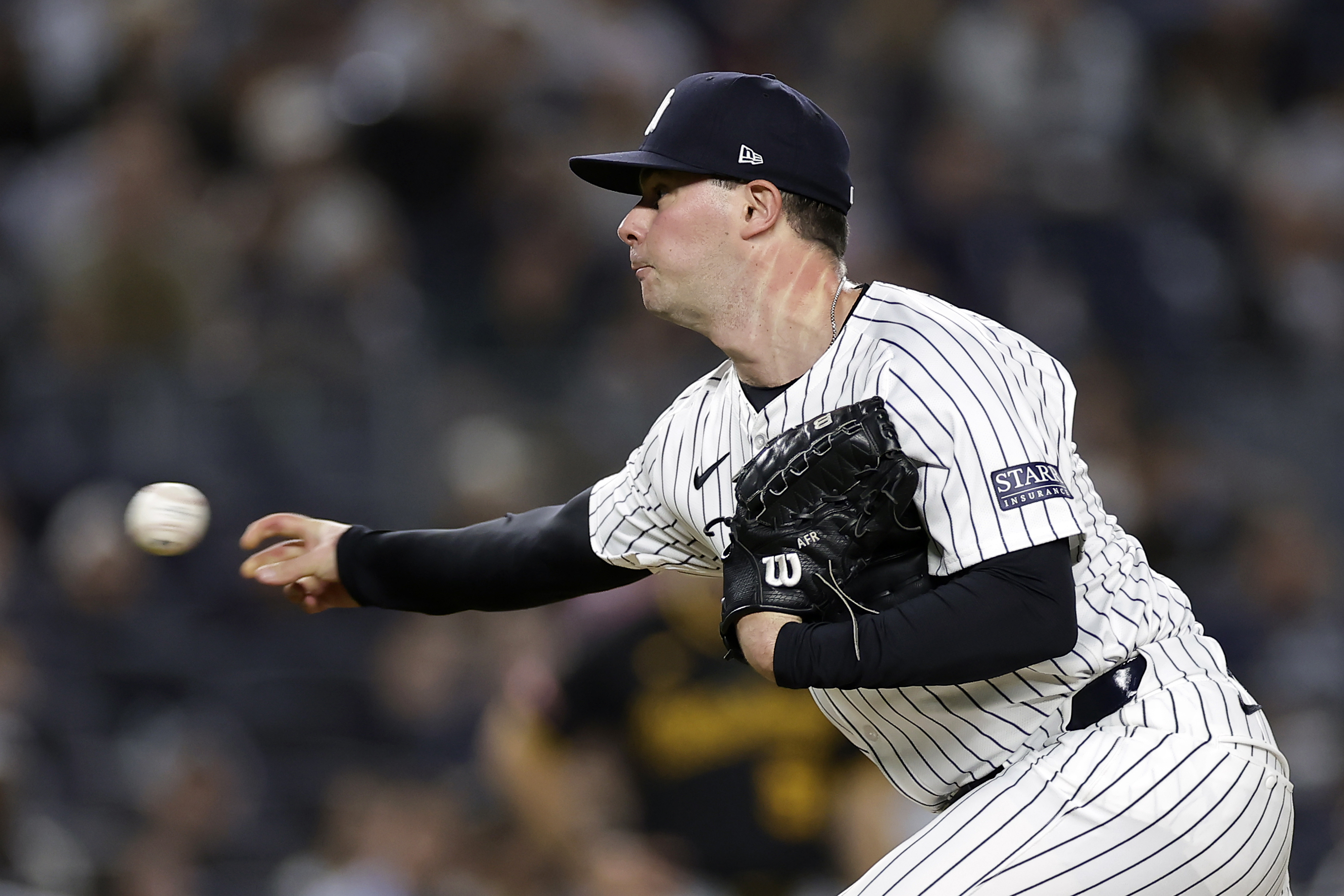 FILE - New York Yankees relief pitcher Scott Effross during the ninth inning of a baseball game against the Pittsburgh Pirates, Sept. 27, 2024, in New York. The Pirates won 4-2. 