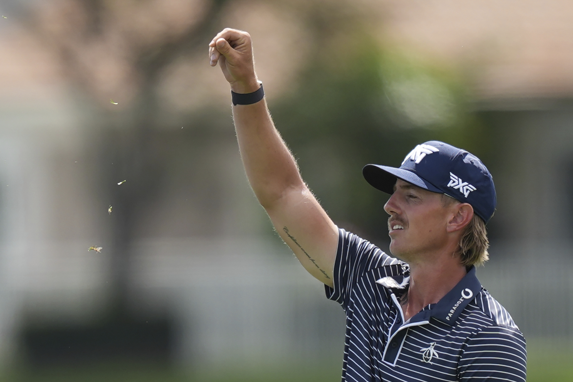 Jake Knapp uses grass to check the wind on the 18th hole during the first round at the Cognizant Classic golf tournament, Thursday, Feb. 27, 2025, in Palm Beach Gardens, Fla.