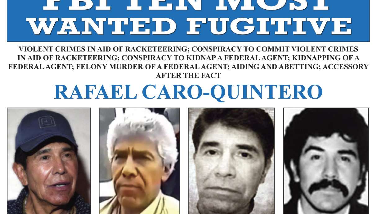 The wanted poster for Rafael Caro Quintero. He is due to be arraigned in U.S. federal court on Friday on trafficking charges.