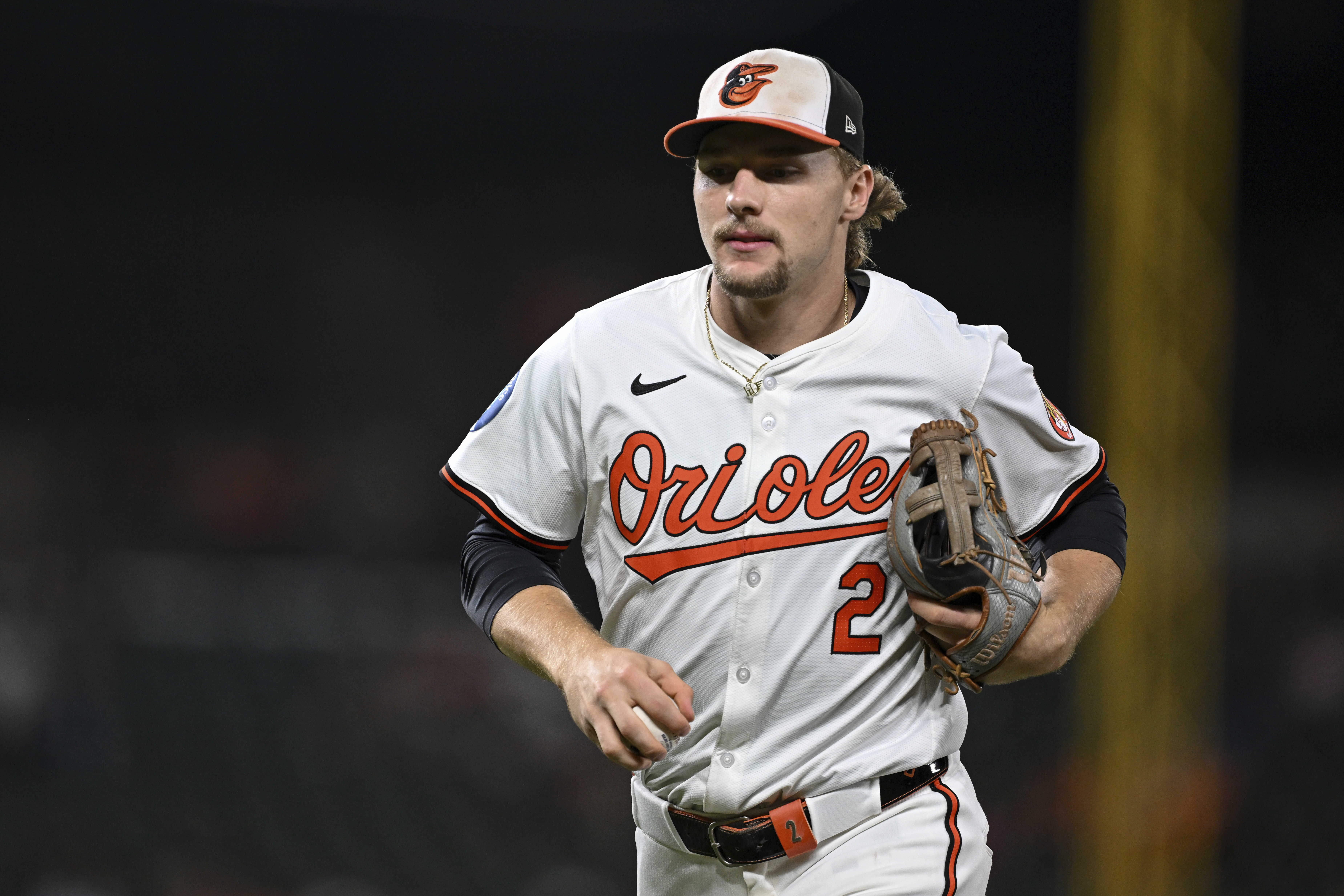 FILE - Baltimore Orioles shortstop Gunnar Henderson (2) jogs off the field during a baseball game against the Houston Astros, Thursday, Aug. 22, 2024, in Baltimore. 