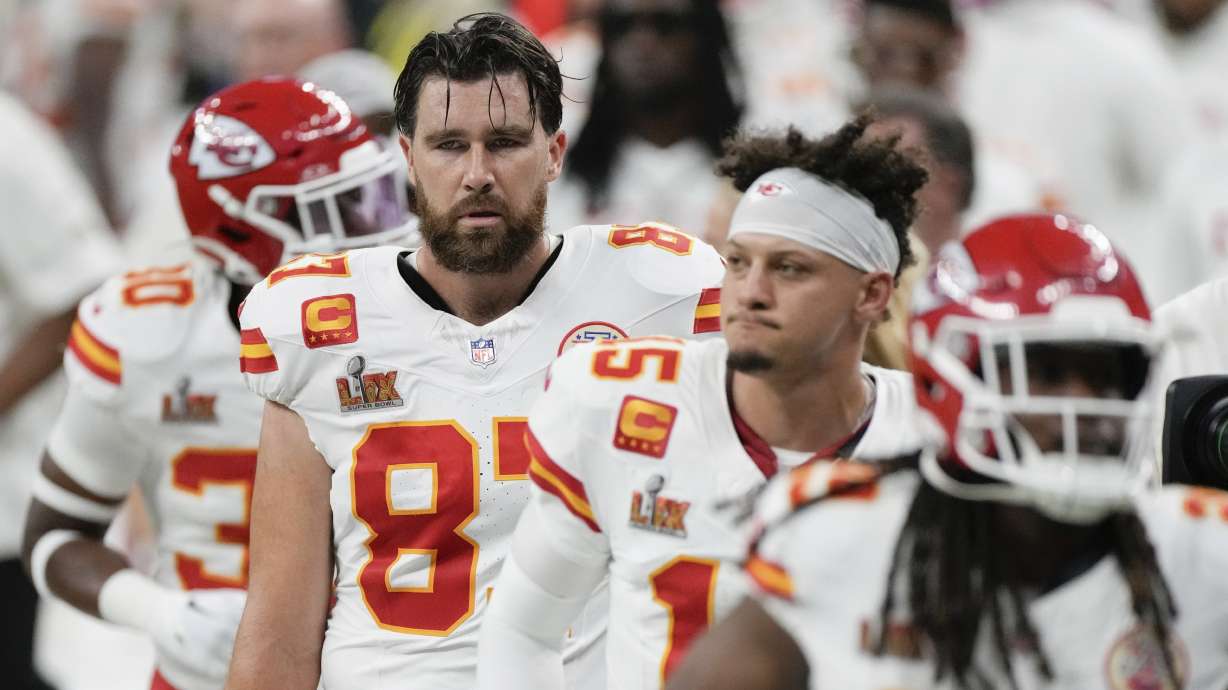 Kansas City Chiefs tight end Travis Kelce (87) quarterback Patrick Mahomes (15) and running back Kareem Hunt (29) walk off the field at the halftime break during the NFL Super Bowl 59 football game against the Philadelphia Eagles, Sunday, Feb. 9, 2025, in New Orleans.