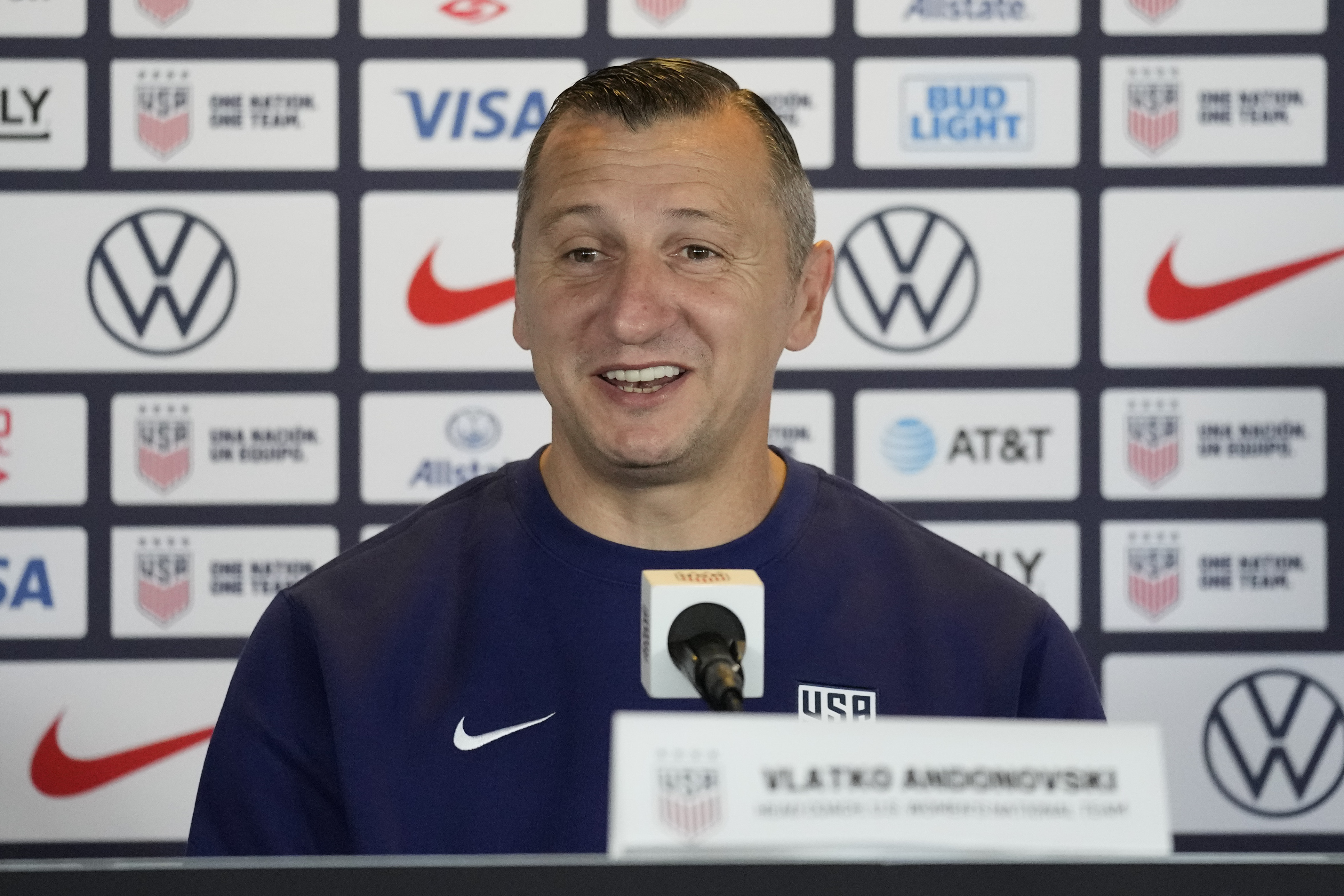 FILE - United States head coach Vlatko Andonovski speaks to reporters during the 2023 Women's World Cup media day for the United States Women's National Team in Carson, Tuesday, June 27, 2023. 