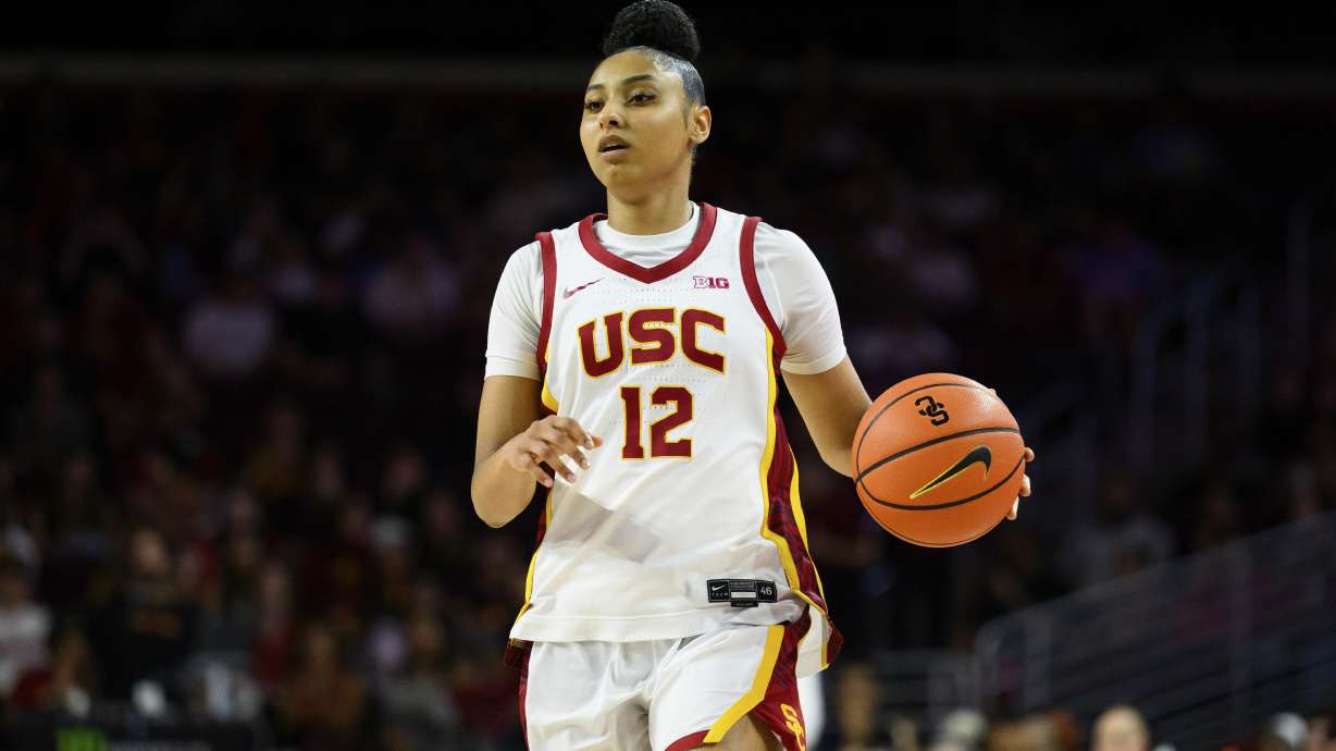 Southern California guard JuJu Watkins controls the ball during the second half of an NCAA college basketball game against Illinois, Sunday, Feb. 23, 2025, in Los Angeles.