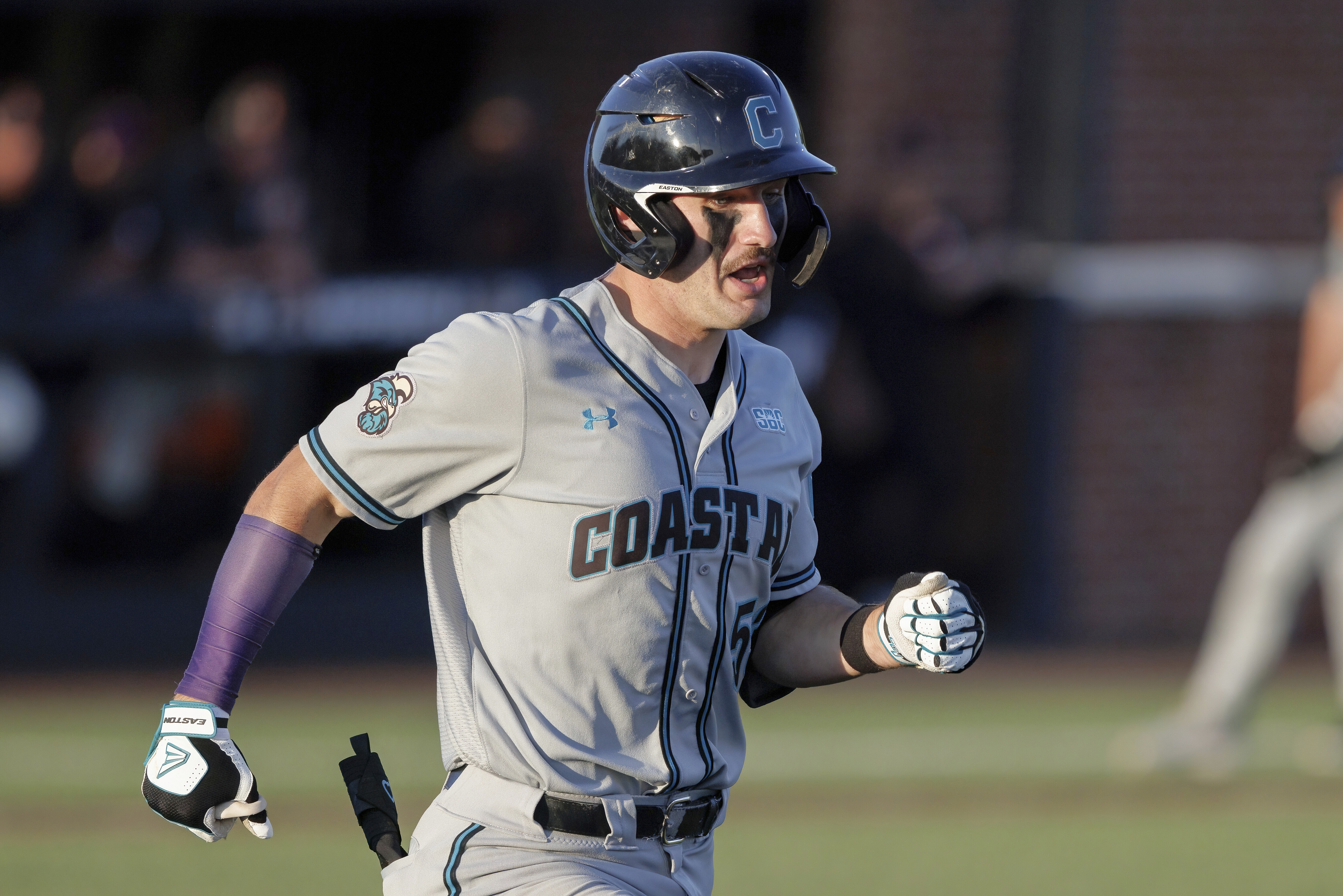 FILE - Then-Coastal Carolina player Derek Bender (53) runs to first base during an NCAA baseball game, Monday, April 10, 2023, in Buies Creek, N.C. 