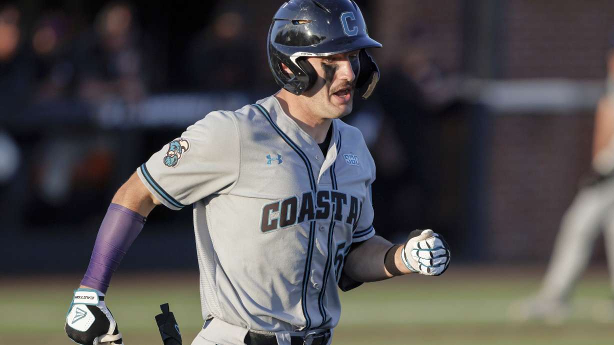 FILE - Then-Coastal Carolina player Derek Bender (53) runs to first base during an NCAA baseball game, Monday, April 10, 2023, in Buies Creek, N.C.