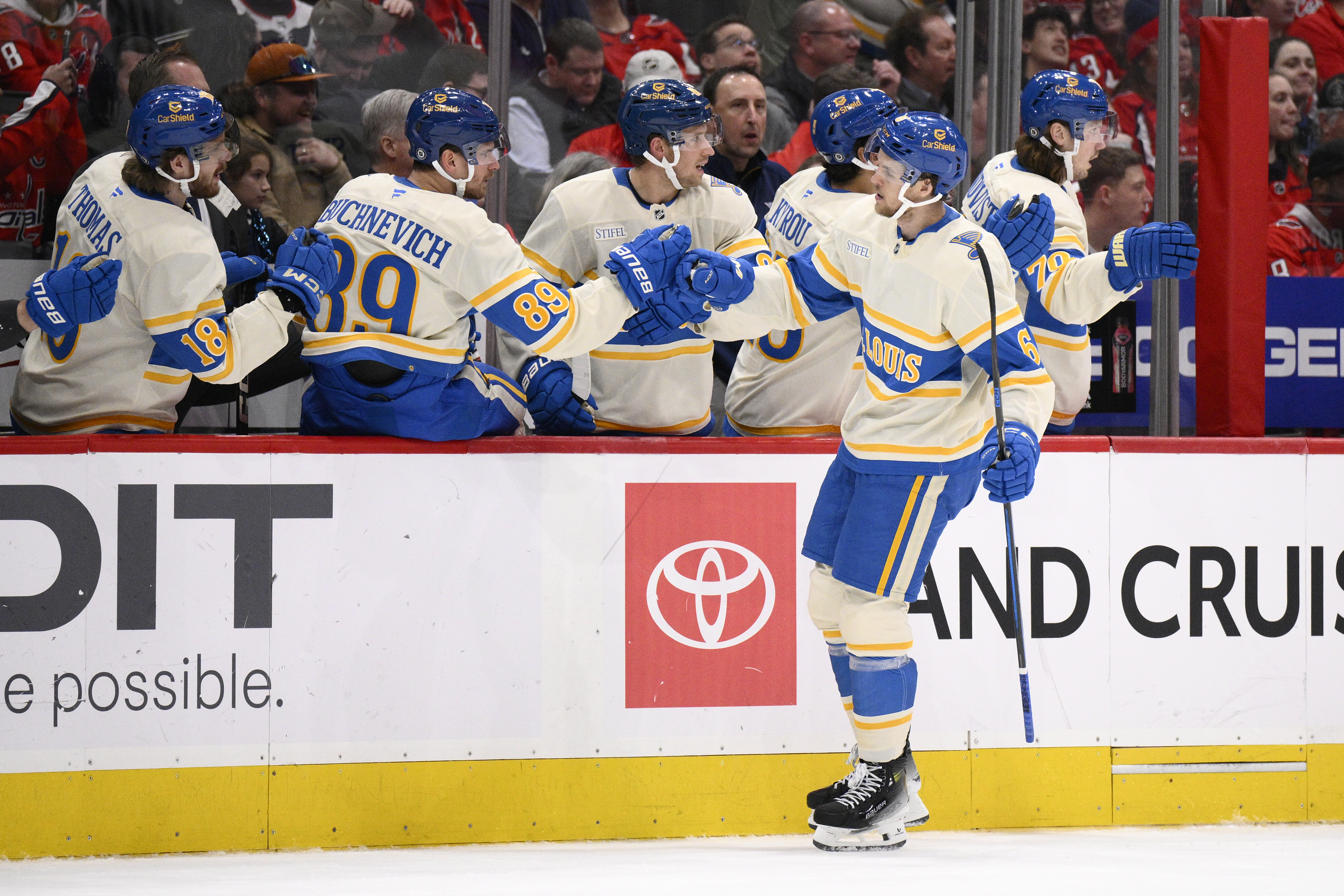 St. Louis Blues defenseman Philip Broberg (6) celebrates his goal during the first period of an NHL hockey game against the Washington Capitals, Thursday, Feb. 27, 2025, in Washington. 