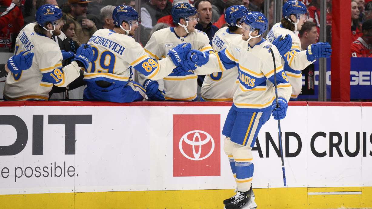 St. Louis Blues defenseman Philip Broberg (6) celebrates his goal during the first period of an NHL hockey game against the Washington Capitals, Thursday, Feb. 27, 2025, in Washington.