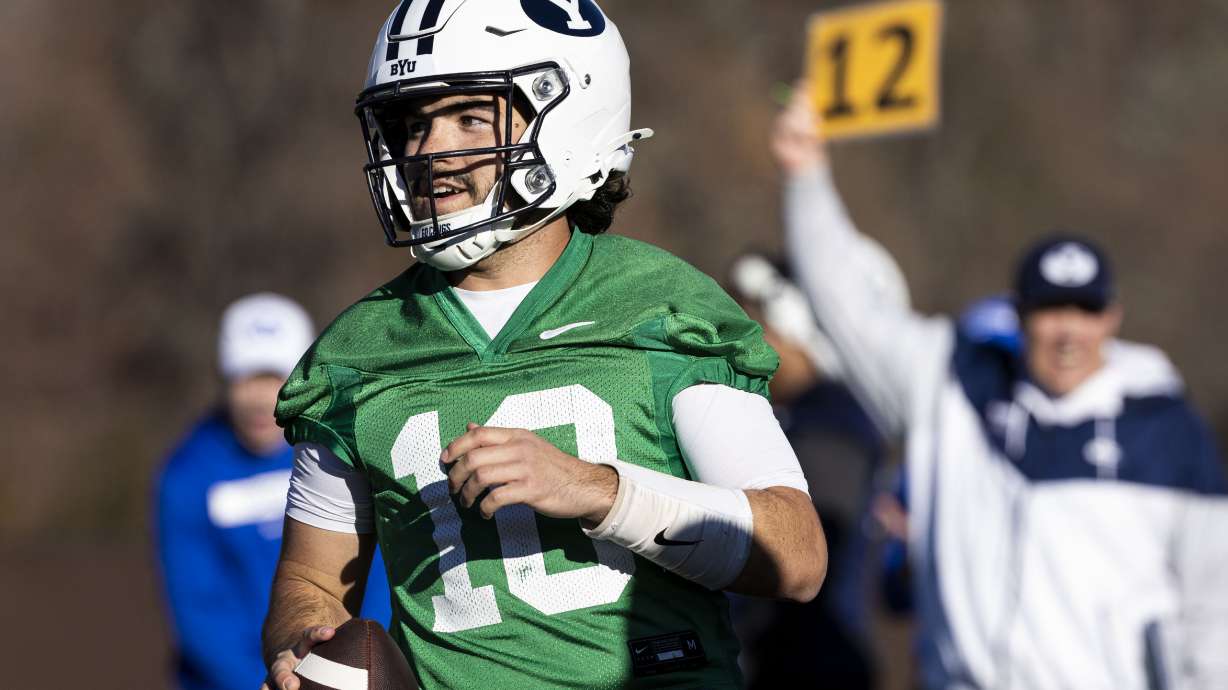 BYU quarterback Treyson Bourguet (10) runs the ball during the opening day of BYU football spring camp held at the Zions Bank Practice Fields of the Student Athlete Building on the campus of Brigham Young University in Provo on Thursday, Feb. 27, 2025.