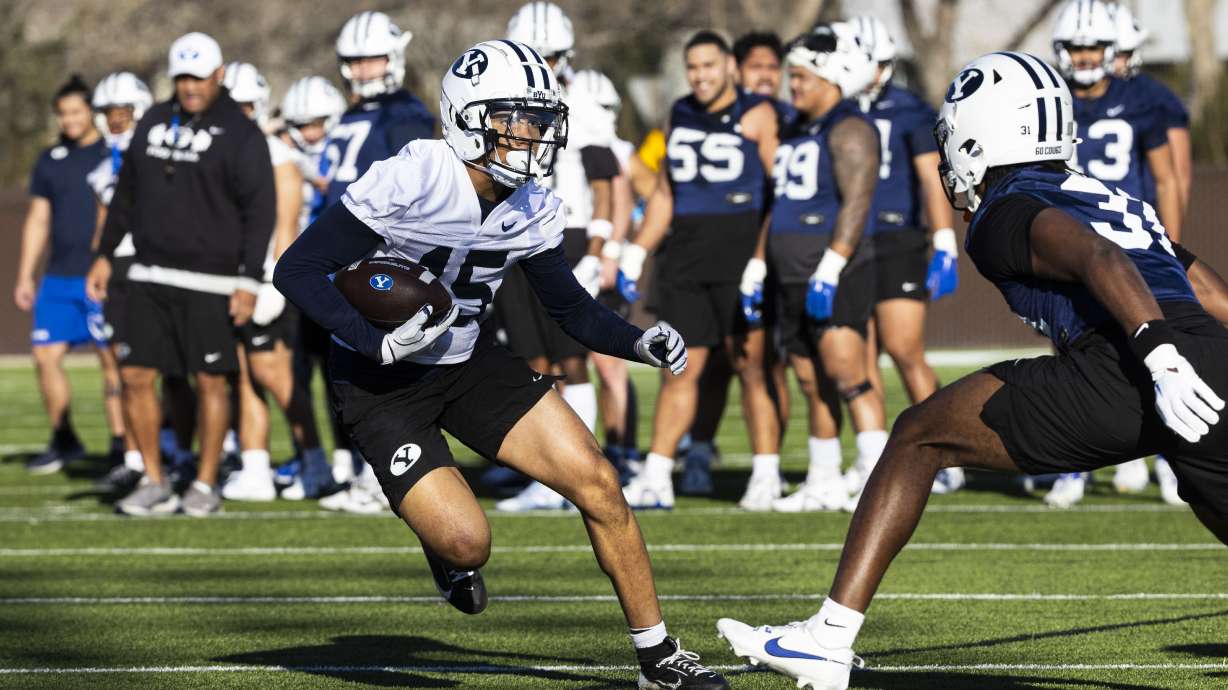 BYU wide receiver LaMason Waller III (15) runs the ball during the opening day of BYU football spring camp held at the Zions Bank Practice Fields of the Student Athlete Building on the campus of Brigham Young University in Provo on Thursday, Feb. 27, 2025.
