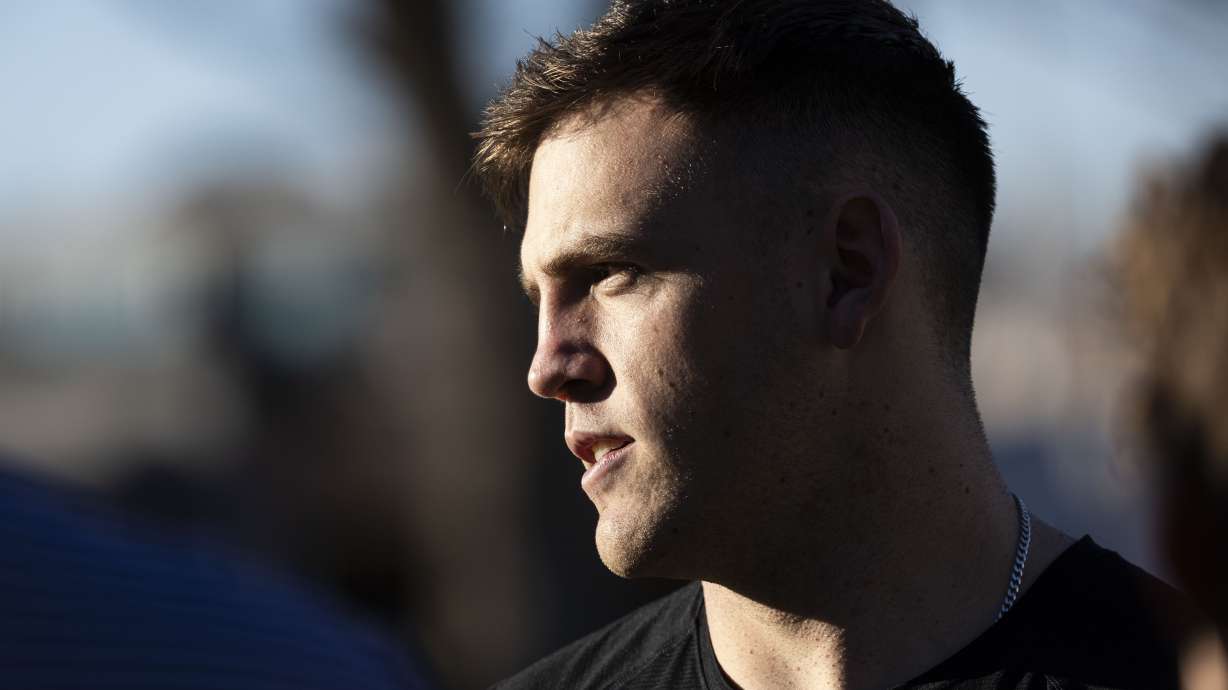 BYU quarterback Jake Retzlaff talks with members of the media after the opening day of BYU football spring camp held at the Zions Bank Practice Fields of the Student Athlete Building on the campus of Brigham Young University in Provo on Thursday, Feb. 27, 2025.