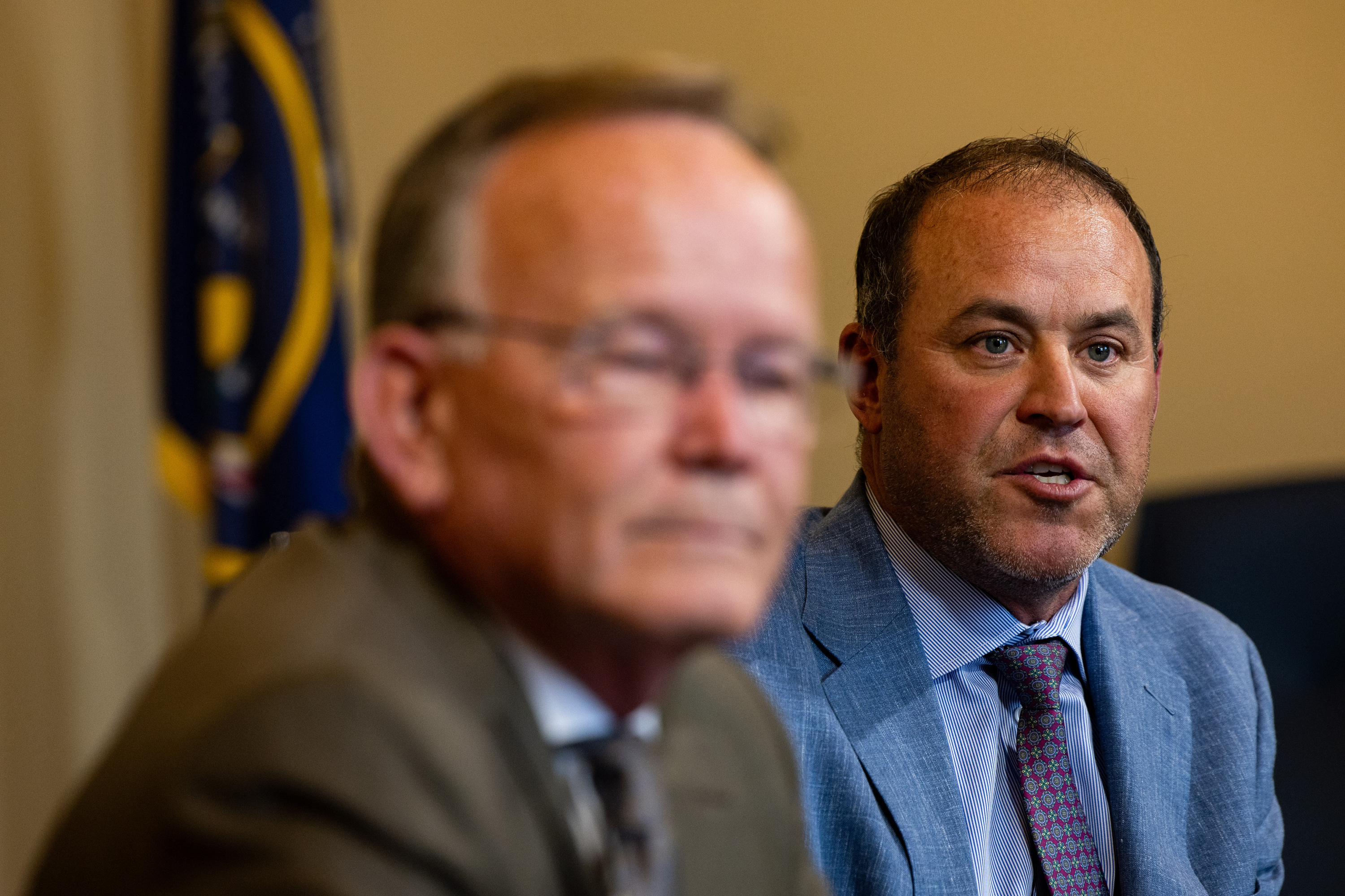 Sen. President Stuart Adams and Utah House Speaker Mike Schultz speak at the Capitol in Salt Lake City on June 19, 2024. Schultz wants to return power to legislative auditors to write the text of constitutional amendment ballot questions.