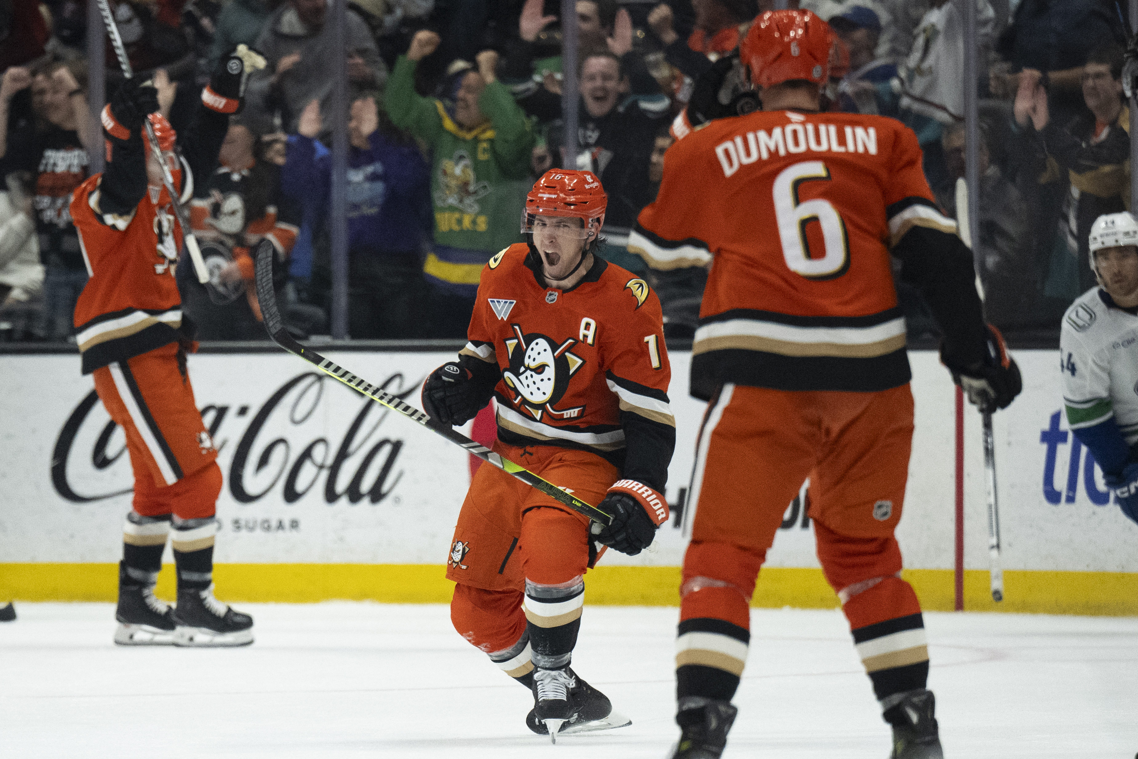 Anaheim Ducks center Ryan Strome (16) celebrates his goal during the second period of an NHL hockey game against the Vancouver Canucks, Thursday, Feb. 27, 2025, in Anaheim, Calif. 