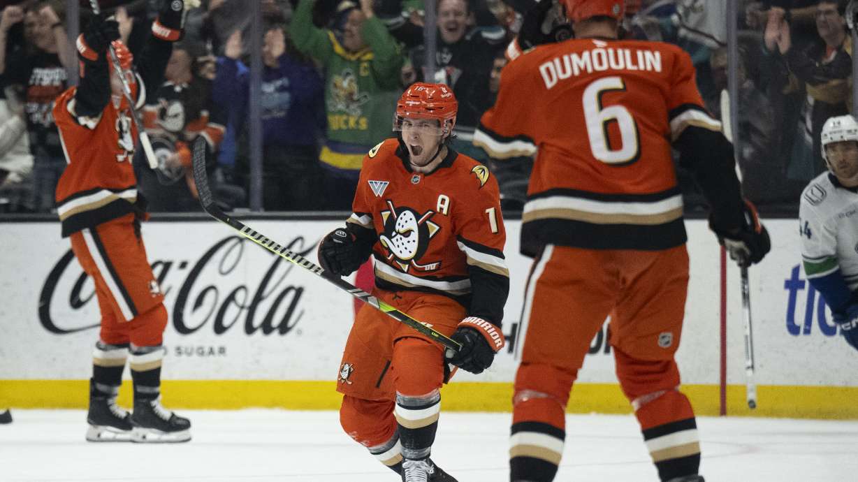 Anaheim Ducks center Ryan Strome (16) celebrates his goal during the second period of an NHL hockey game against the Vancouver Canucks, Thursday, Feb. 27, 2025, in Anaheim, Calif.