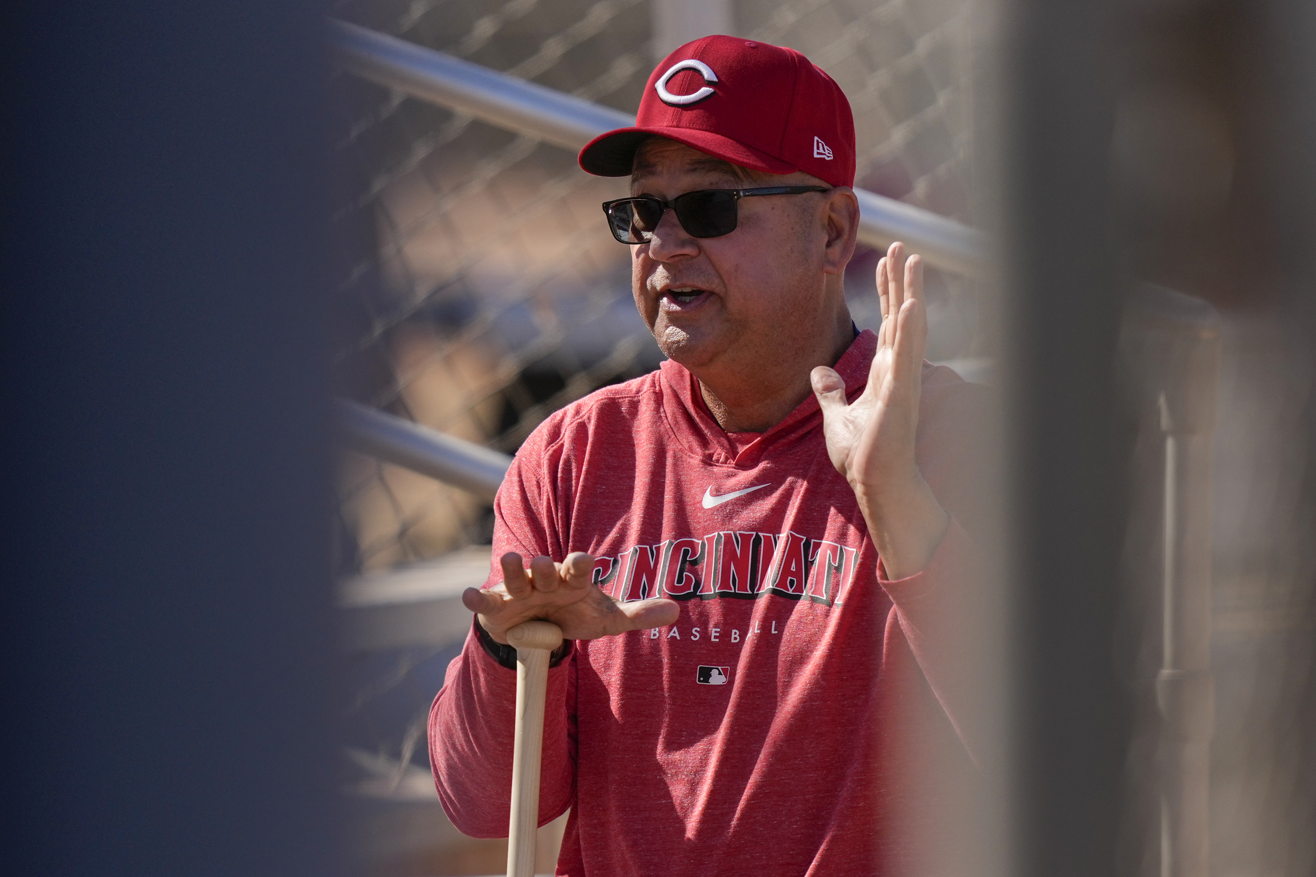 Cincinnati Reds manager Terry Francona gestures as he speaks during spring training baseball practice at the team's training facility in Goodyear, Ariz., Saturday, Feb. 15, 2025. 