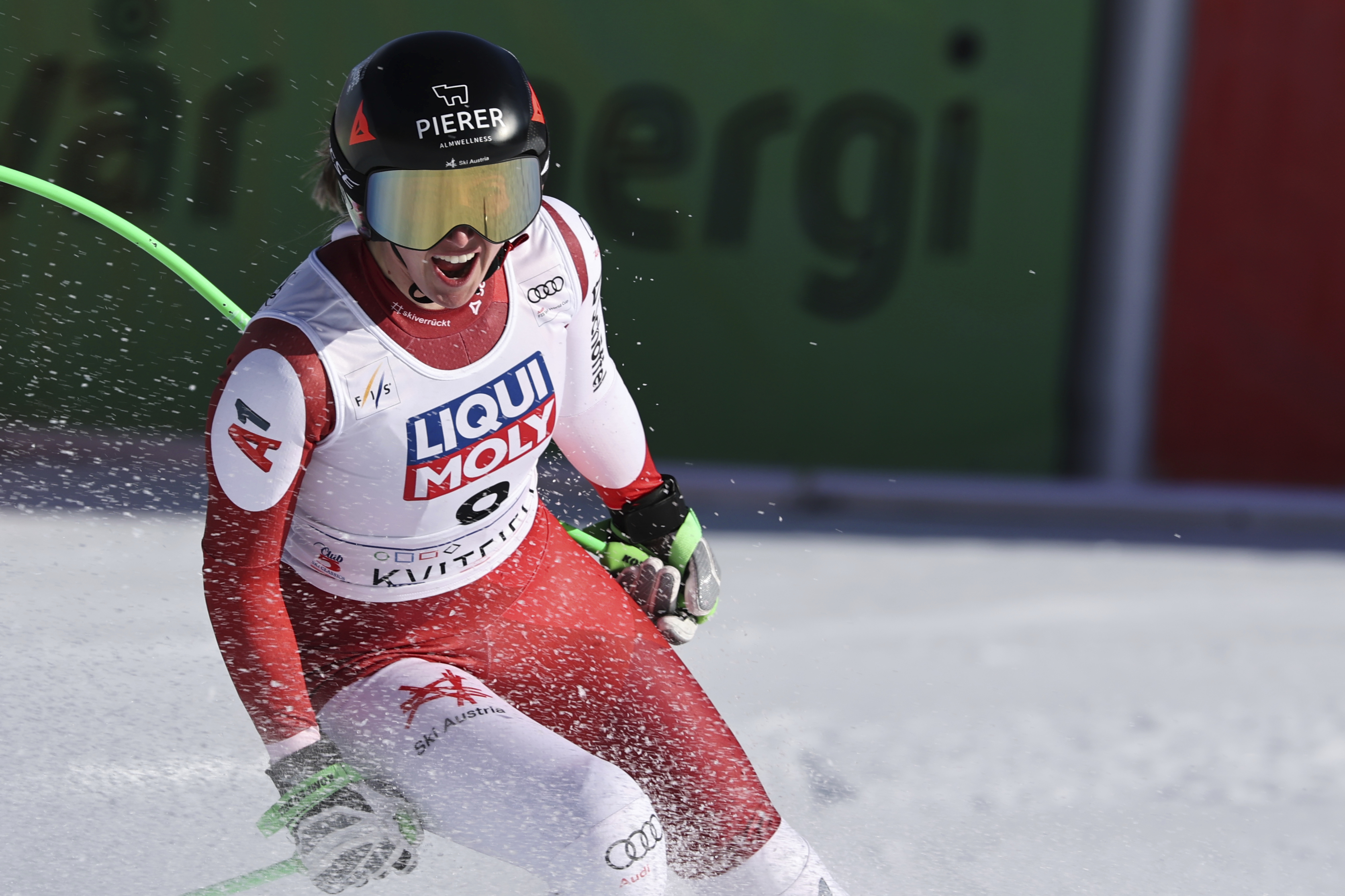 Austria's Cornelia Huetter reacts after completing an alpine ski, women's World Cup downhill, in Kvitfjell, Norway, Friday, Feb. 28, 2025.