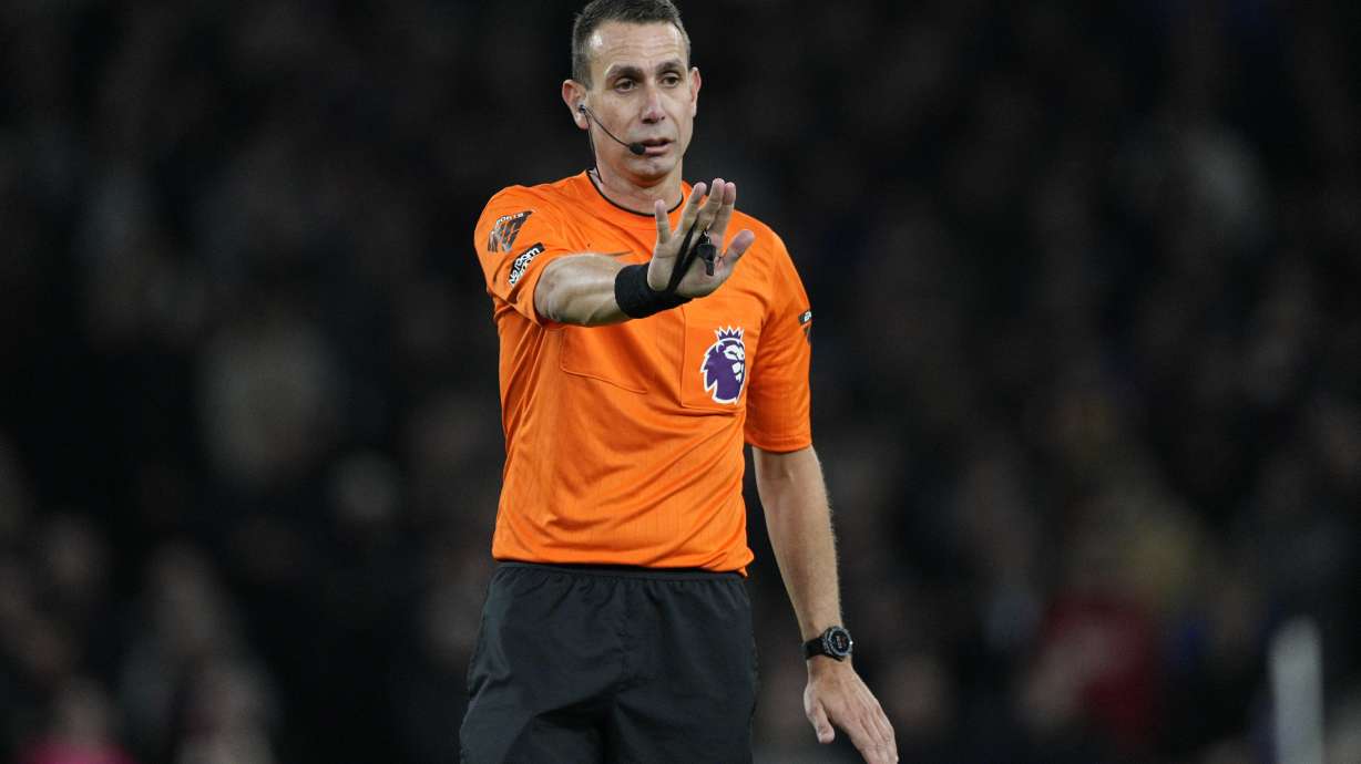 FILE - Referee David Coote reacts during the English Premier League soccer match between Tottenham Hotspur and Brighton and Brentford, at White Hart Lane Stadium in London, England, Wednesday, Jan. 31, 2024.