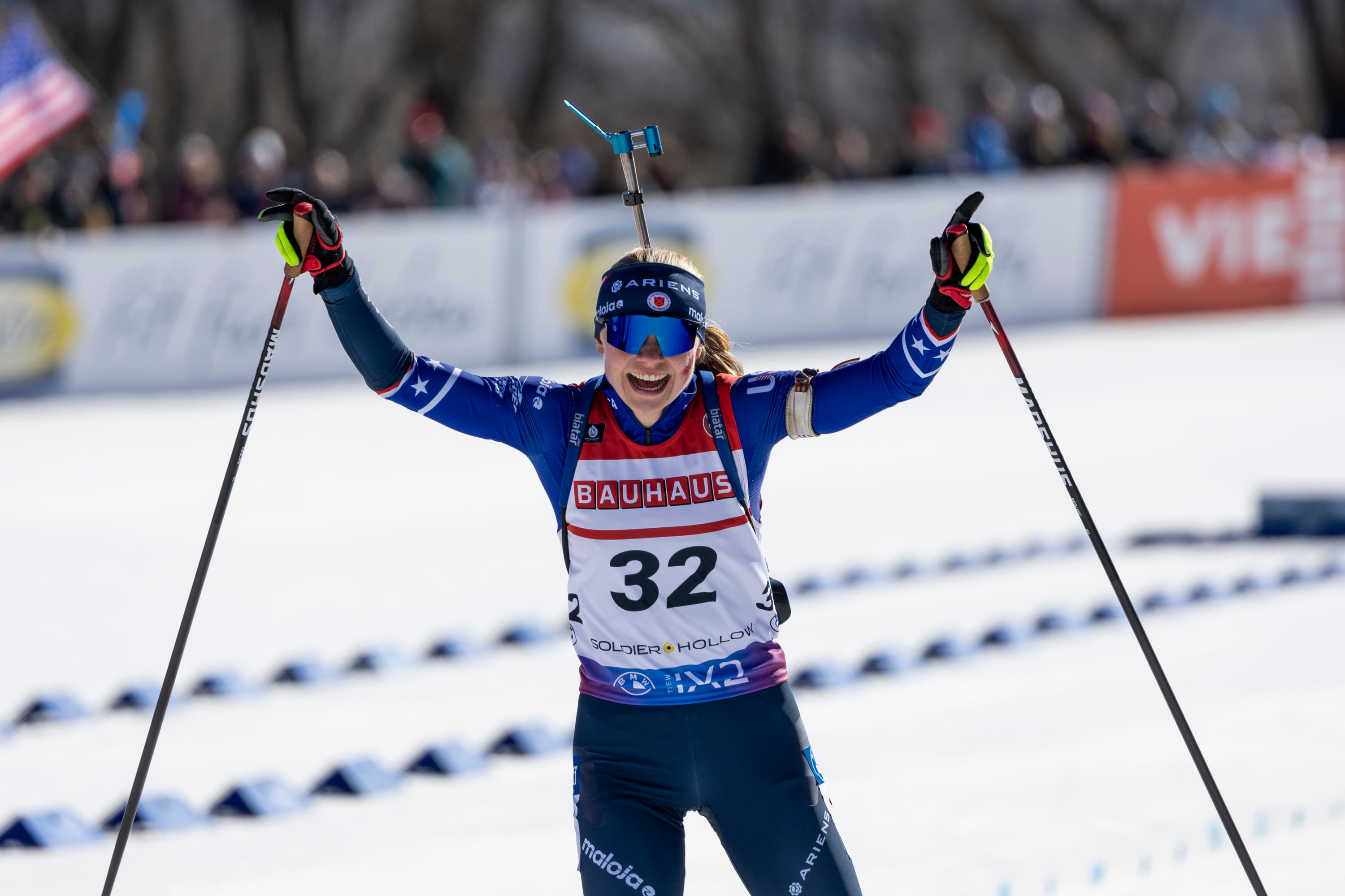 Margie Freed of the United States (32) crosses the finish line during the 10K pursuit race in the IBU World Cup Biathlon at the Soldier Hollow Nordic Center in Midway on March 10, 2024. A bill limiting liability at state-built Olympic facilities is headed to the Utah House floor.