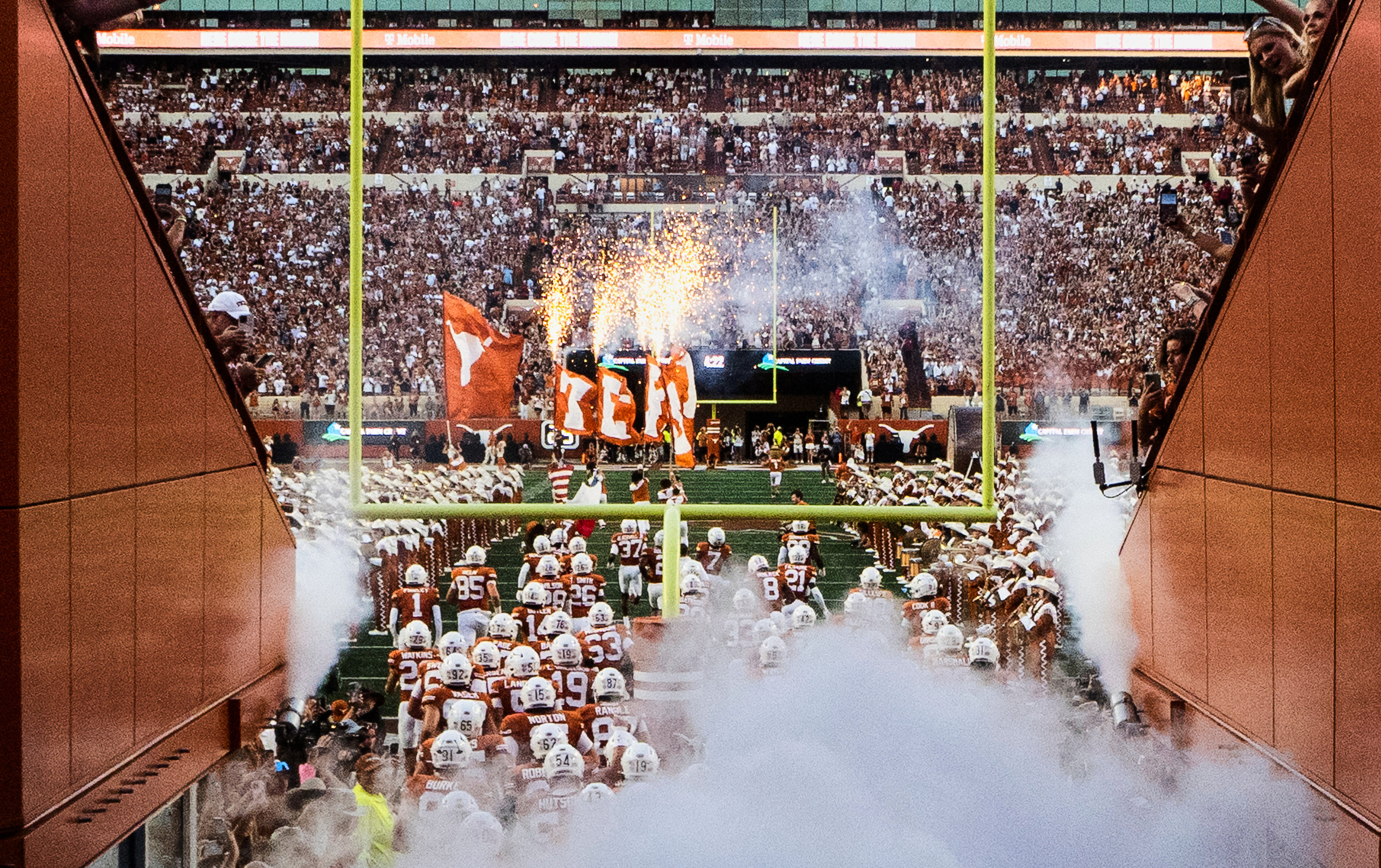 FILE - Texas players enter the Campbell-Williams Field at Darrell K Royal-Texas Memorial Stadium before an NCAA football game against Louisiana-Monroe, Saturday, Sept. 21, 2024, in Austin, Texas.