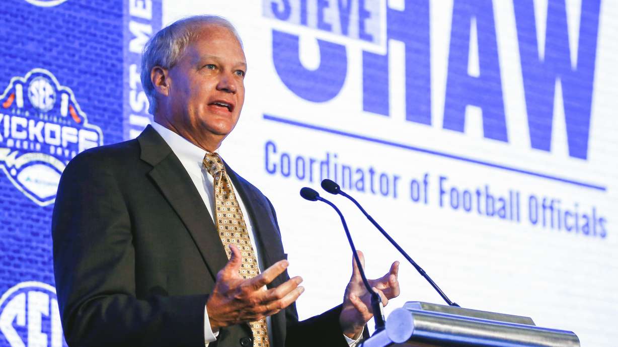 FILE - Steve Shaw, then-SEC supervisor of officials, speaks during the NCAA college football Southeastern Conference Media Days, July 16, 2019, in Hoover, Ala.