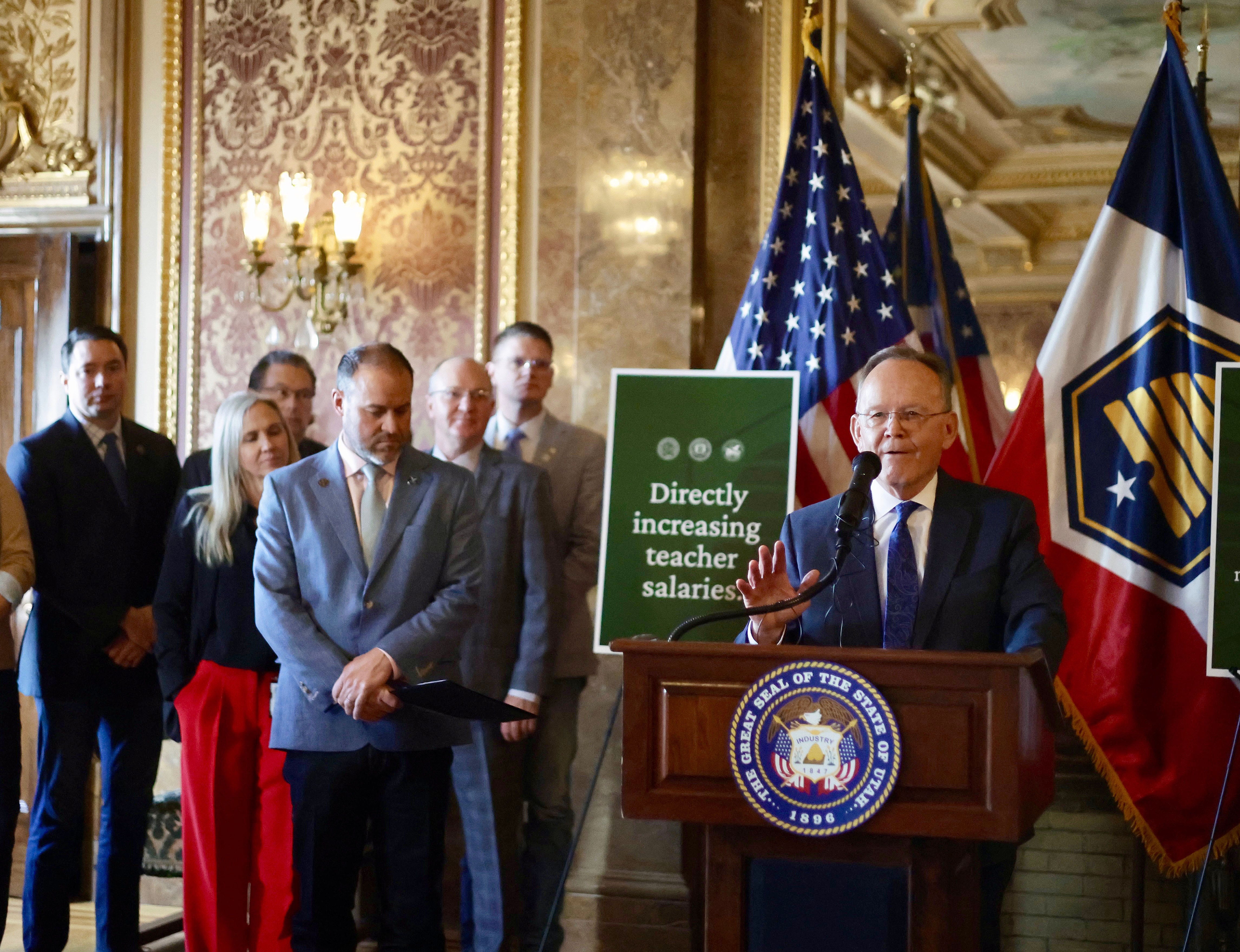 Utah Senate President Stuart Adams, R-Layton, speaks at a press conference in the Gold Room at the Capitol in Salt Lake City on Friday.