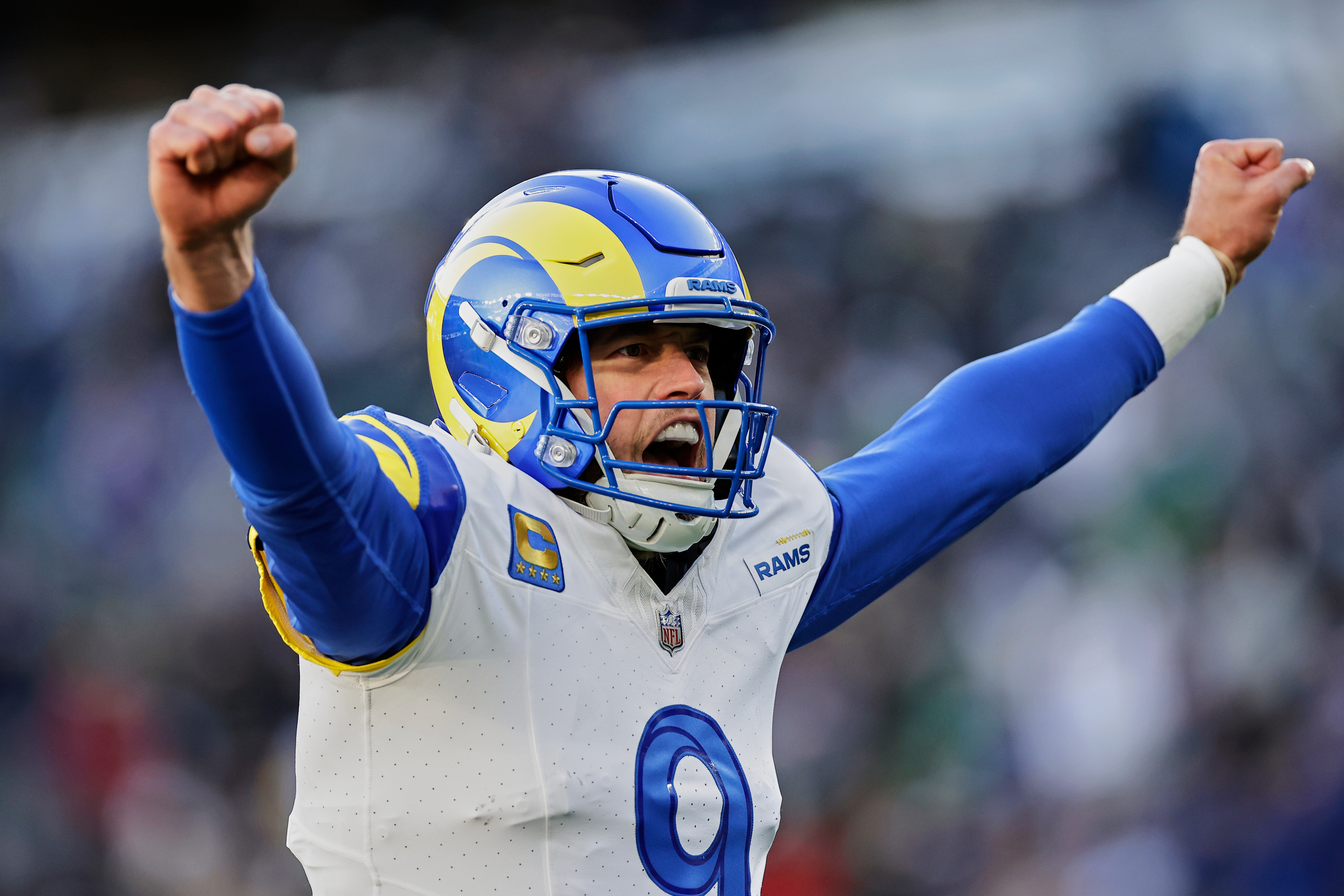 FILE - Los Angeles Rams quarterback Matthew Stafford (9) reacts after throwing a touchdown pass during an NFL football game against the New York Jets Sunday, Dec. 22, 2024, in East Rutherford, N.J. 