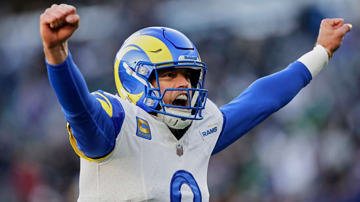FILE - Los Angeles Rams quarterback Matthew Stafford (9) reacts after throwing a touchdown pass during an NFL football game against the New York Jets Sunday, Dec. 22, 2024, in East Rutherford, N.J.