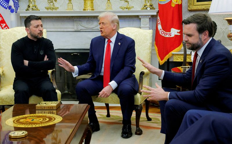 President Donald Trump meets with Ukrainian President Volodymyr Zelenskyy as Vice President JD Vance reacts at the White House in Washington, D.C., Friday.