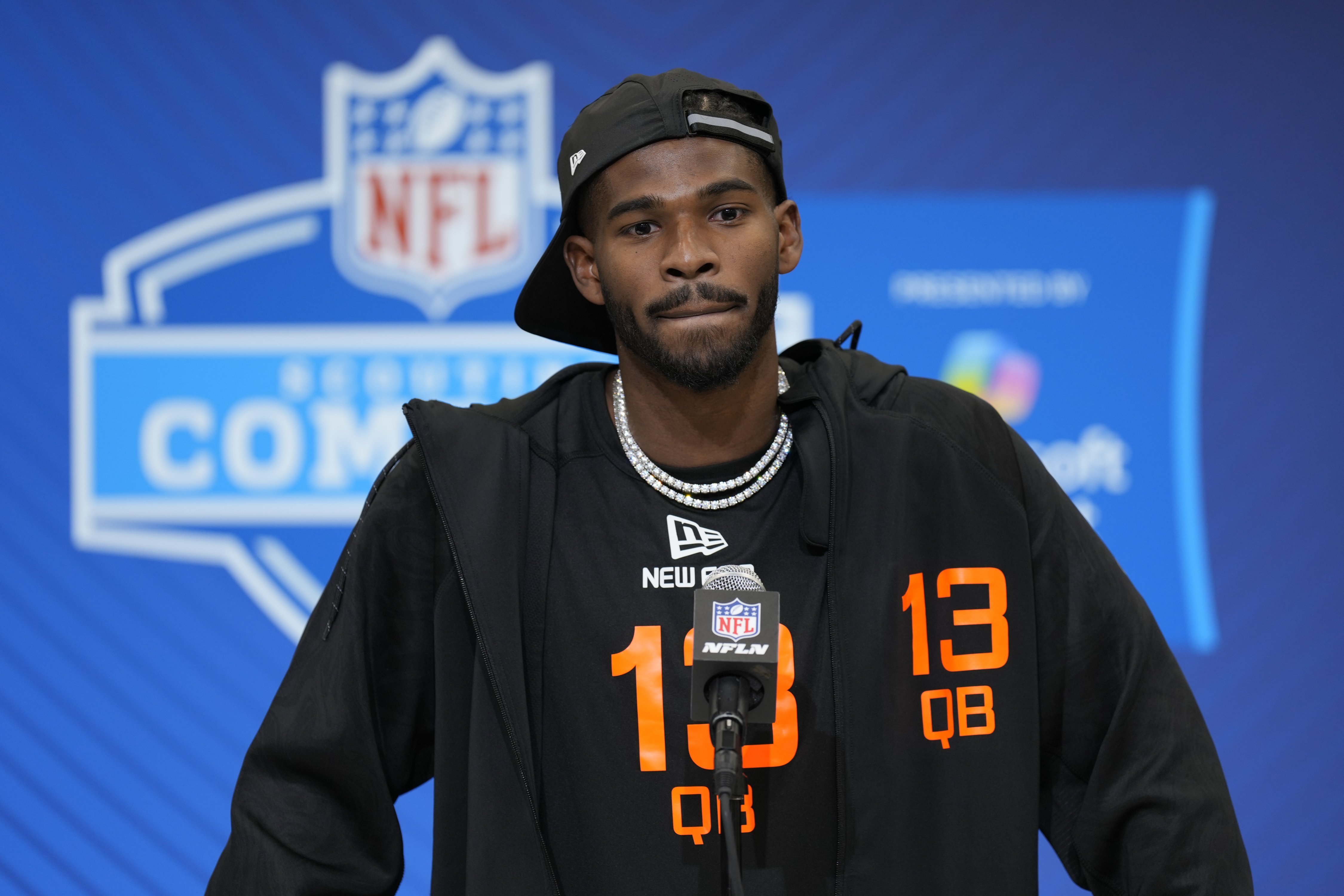 Colorado quarterback Shedeur Sanders speaks during a press conference at the NFL football scouting combine Friday, Feb. 28, 2025, in Indianapolis. 