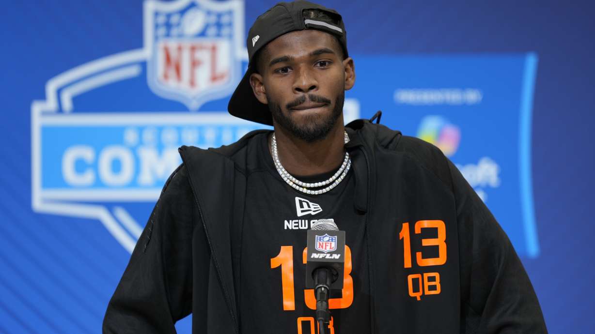 Colorado quarterback Shedeur Sanders speaks during a press conference at the NFL football scouting combine Friday, Feb. 28, 2025, in Indianapolis.