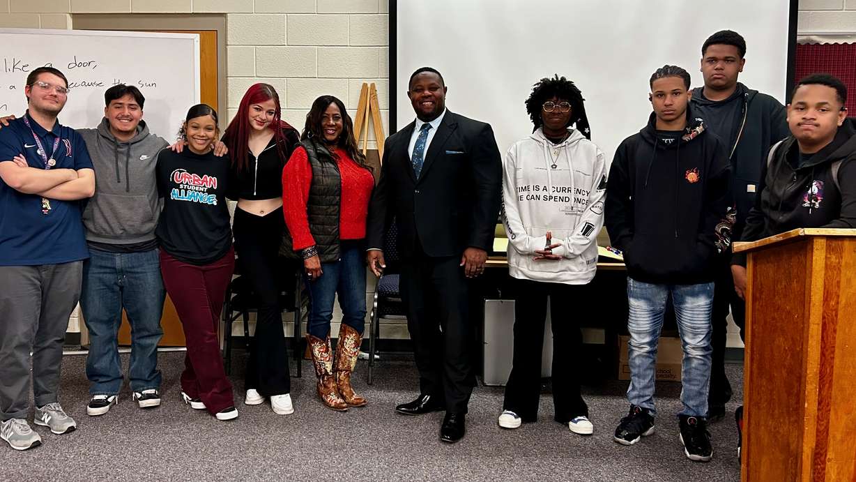 Utah Board of Education board member Rod Hall, center, after a Feb. 27 Black History Month talk to the Urban Student Alliance at Ben Lomond High School in Ogden.