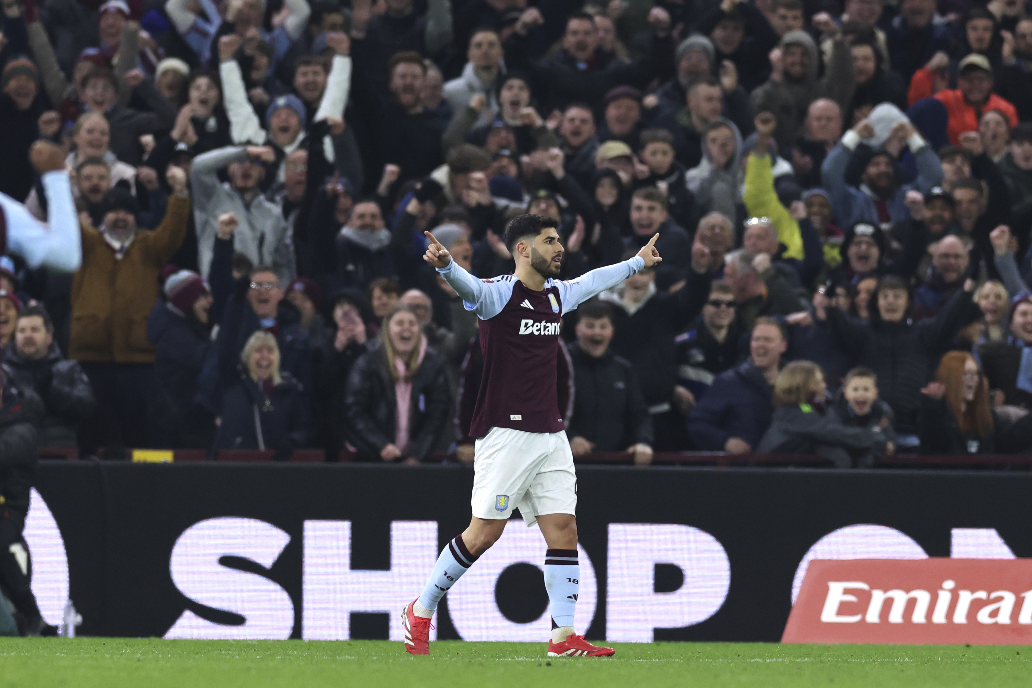 Aston Villa's Marco Asensio celebrates after scoring his side's second goal during the English FA Cup fifth round soccer match between Aston Villa and Cardiff City at the Villa Park stadium in Birmingham, England, Friday, Feb. 28, 2025. 
