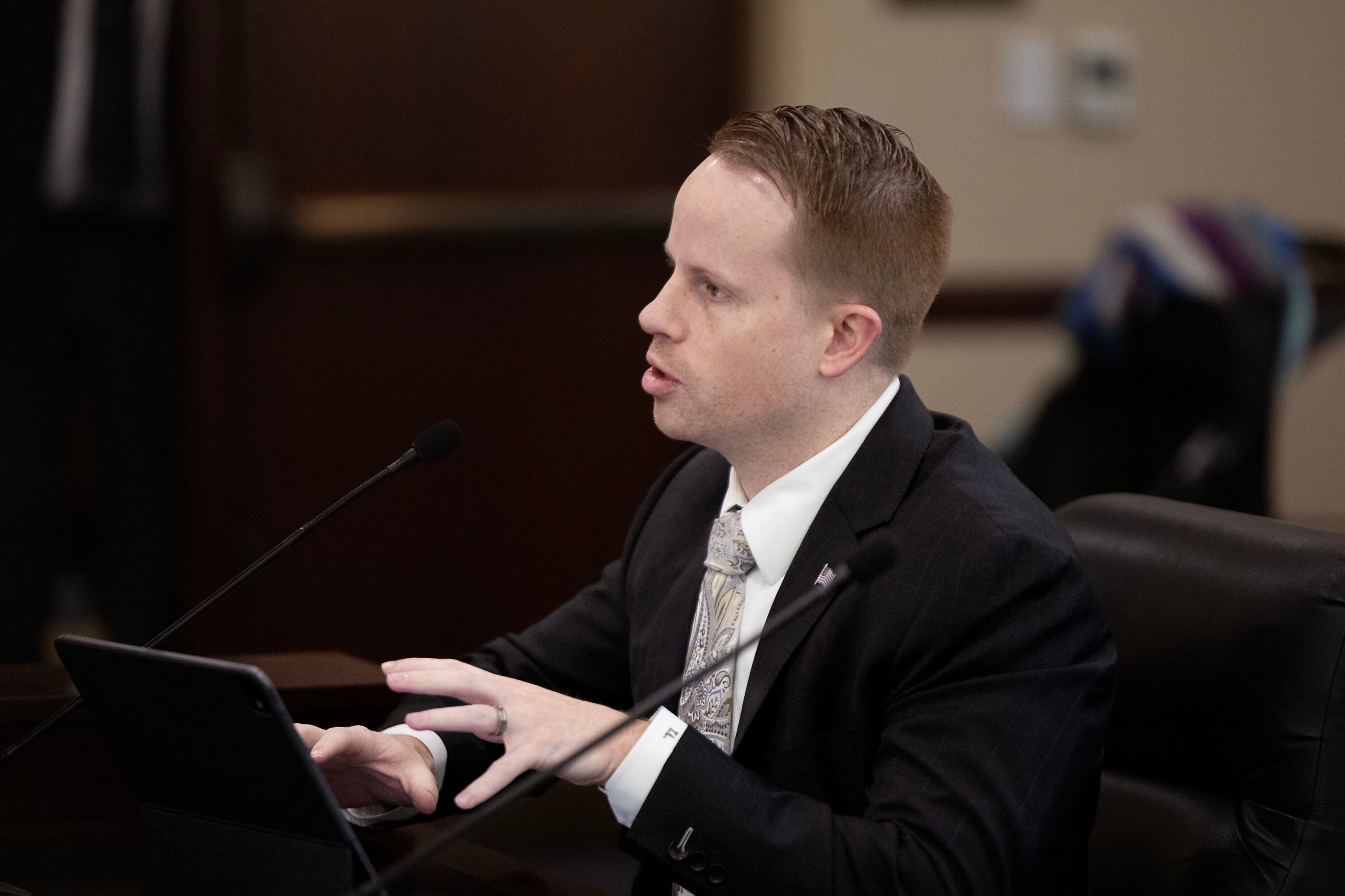 Rep. Trevor Lee, sponsor of HB77 Flag Display Amendments, speaks about the bill in a Senate Education Committee meeting at the Capitol in Salt Lake City on Friday.