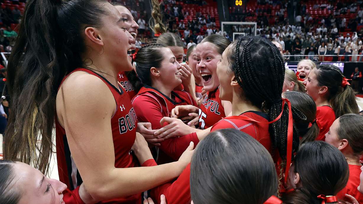 Bountiful celebrates winning the 5A girls state basketball championship game against West High School at the Huntsman Center in Salt Lake City on Friday, Feb. 28, 2025. Bountiful won 57-47.