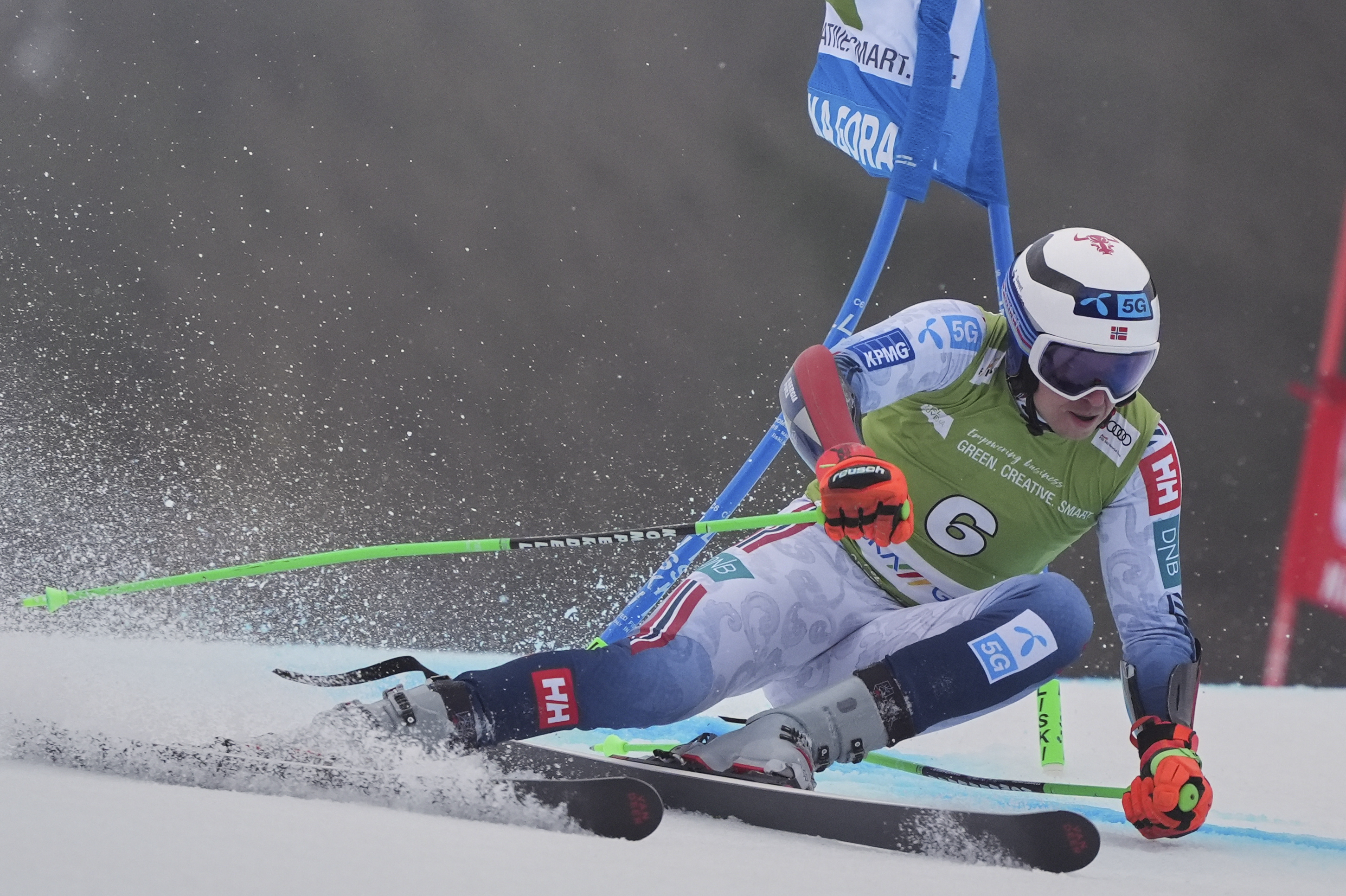 Norway's Henrik Kristoffersen competes in an alpine ski, men's World Cup giant slalom, in Kranjska Gora, Slovenia, Saturday, March 1, 2025. 