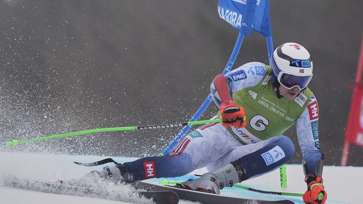 Norway's Henrik Kristoffersen competes in an alpine ski, men's World Cup giant slalom, in Kranjska Gora, Slovenia, Saturday, March 1, 2025.