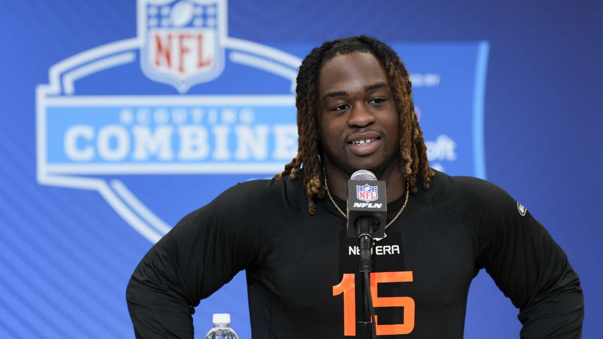 Boise State running back Ashton Jeanty speaks during a press conference at the NFL football scouting combine Friday, Feb. 28, 2025, in Indianapolis.