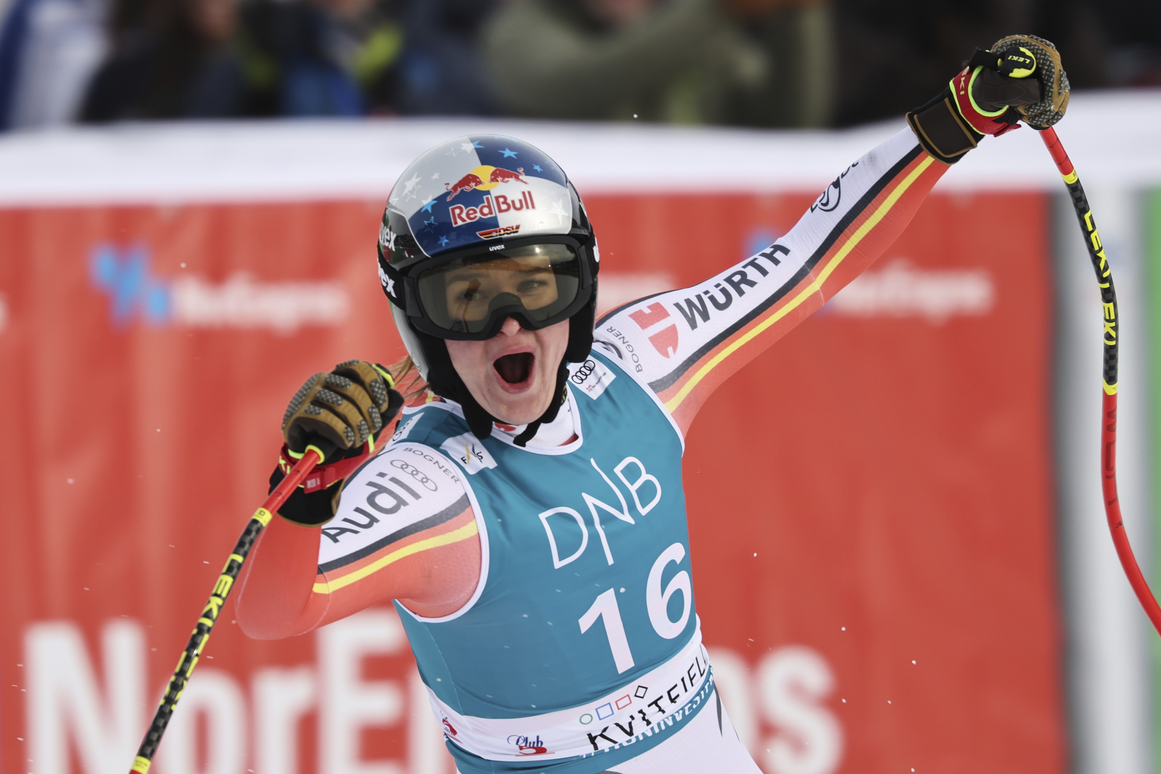 Germany's Emma Aicher celebrates at the finish area of an alpine ski, women's World Cup downhill, in Kvitfjell, Norway, Saturday, March 1, 2025. 