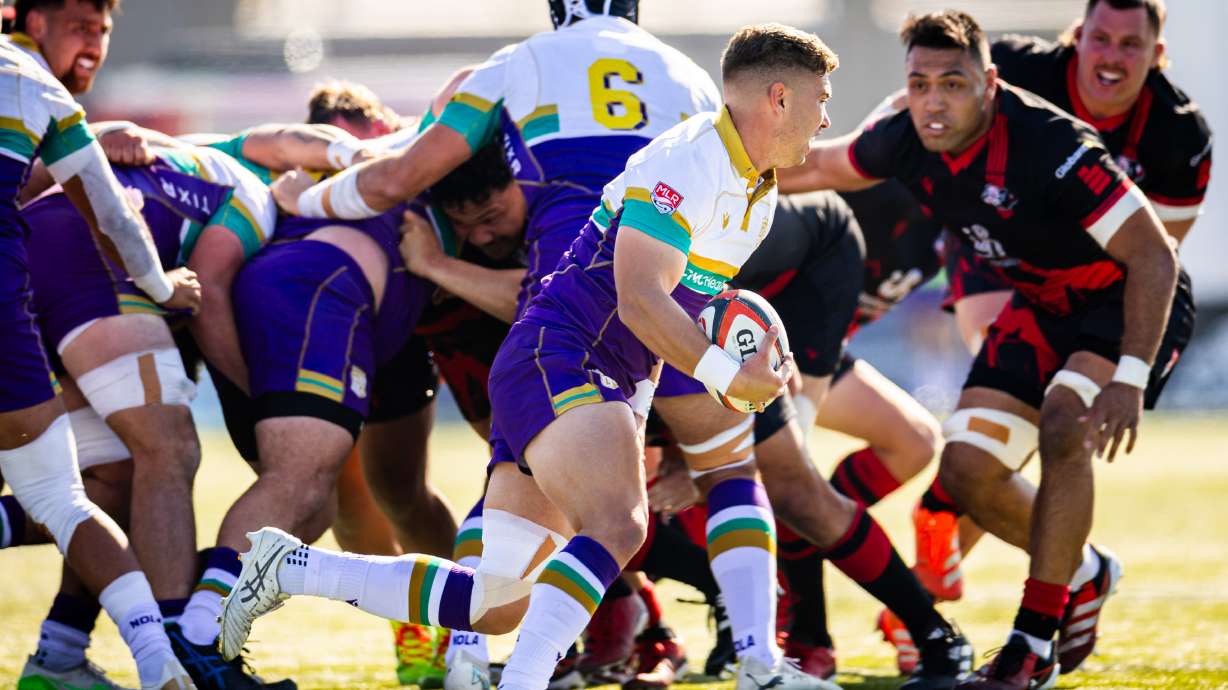 NOLA Gold Luke Campbell runs the ball in a rugby match against the Utah Warriors held at the Zions Bank Stadium in Herriman on Saturday, March 1, 2025.