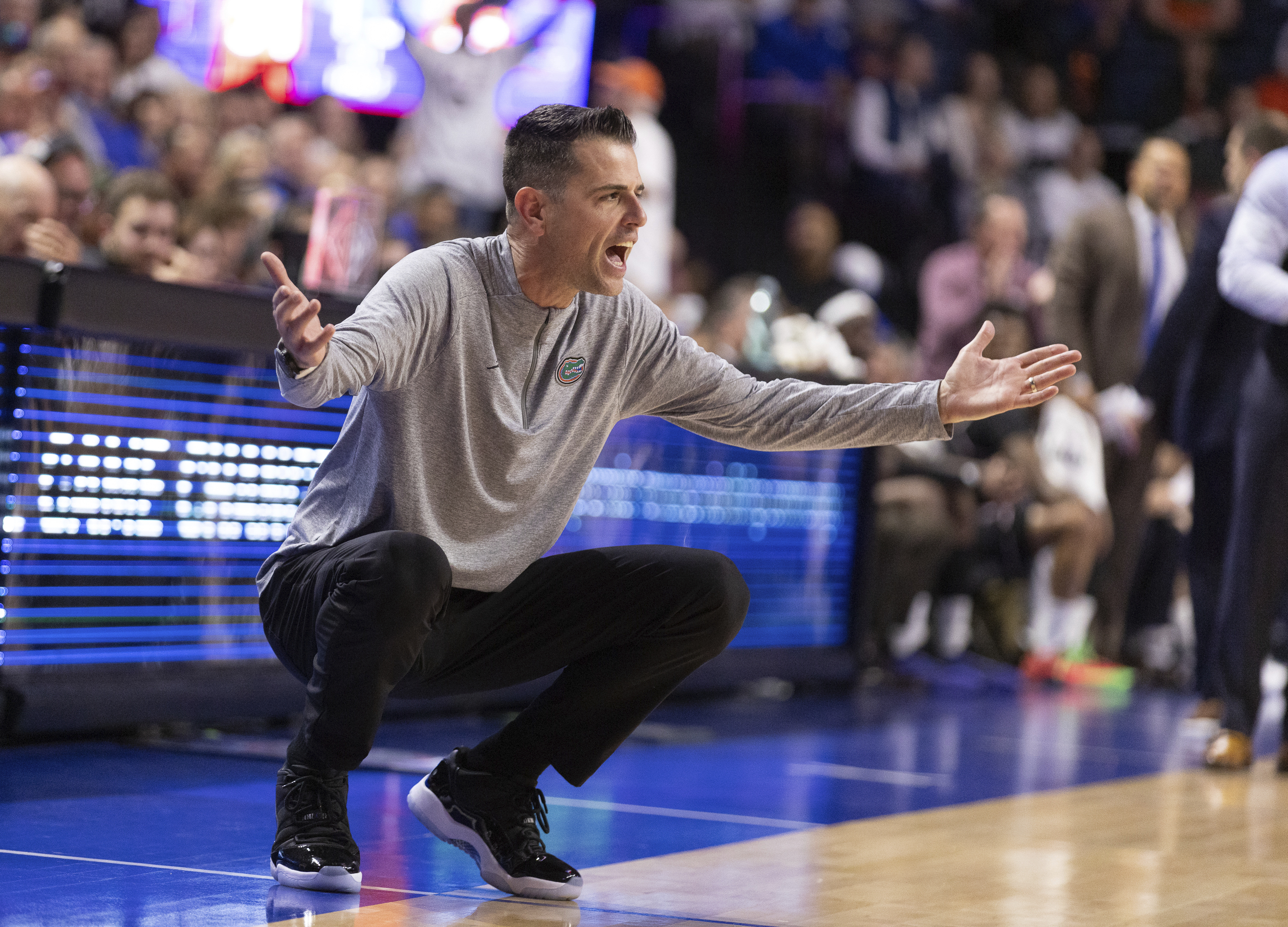 Florida head coach Todd Golden reacts during the first half of an NCAA college basketball game against the Texas A&M, Saturday, March 1, 2025, in Gainesville, Fla. 