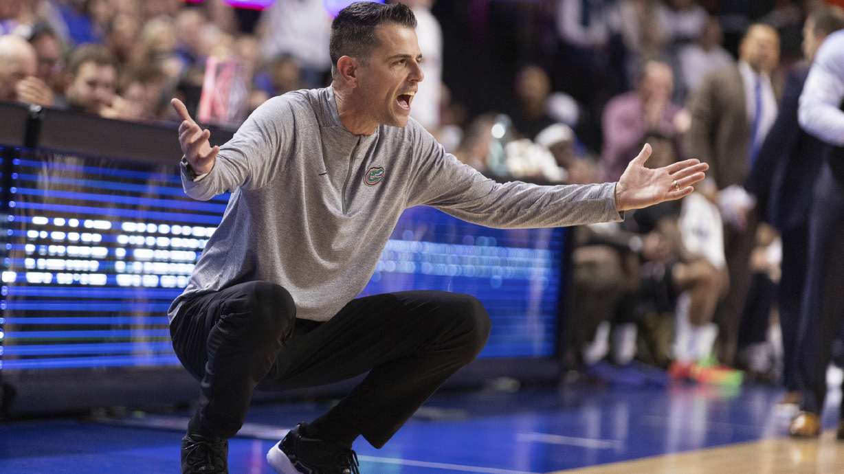 Florida head coach Todd Golden reacts during the first half of an NCAA college basketball game against the Texas A&M, Saturday, March 1, 2025, in Gainesville, Fla.